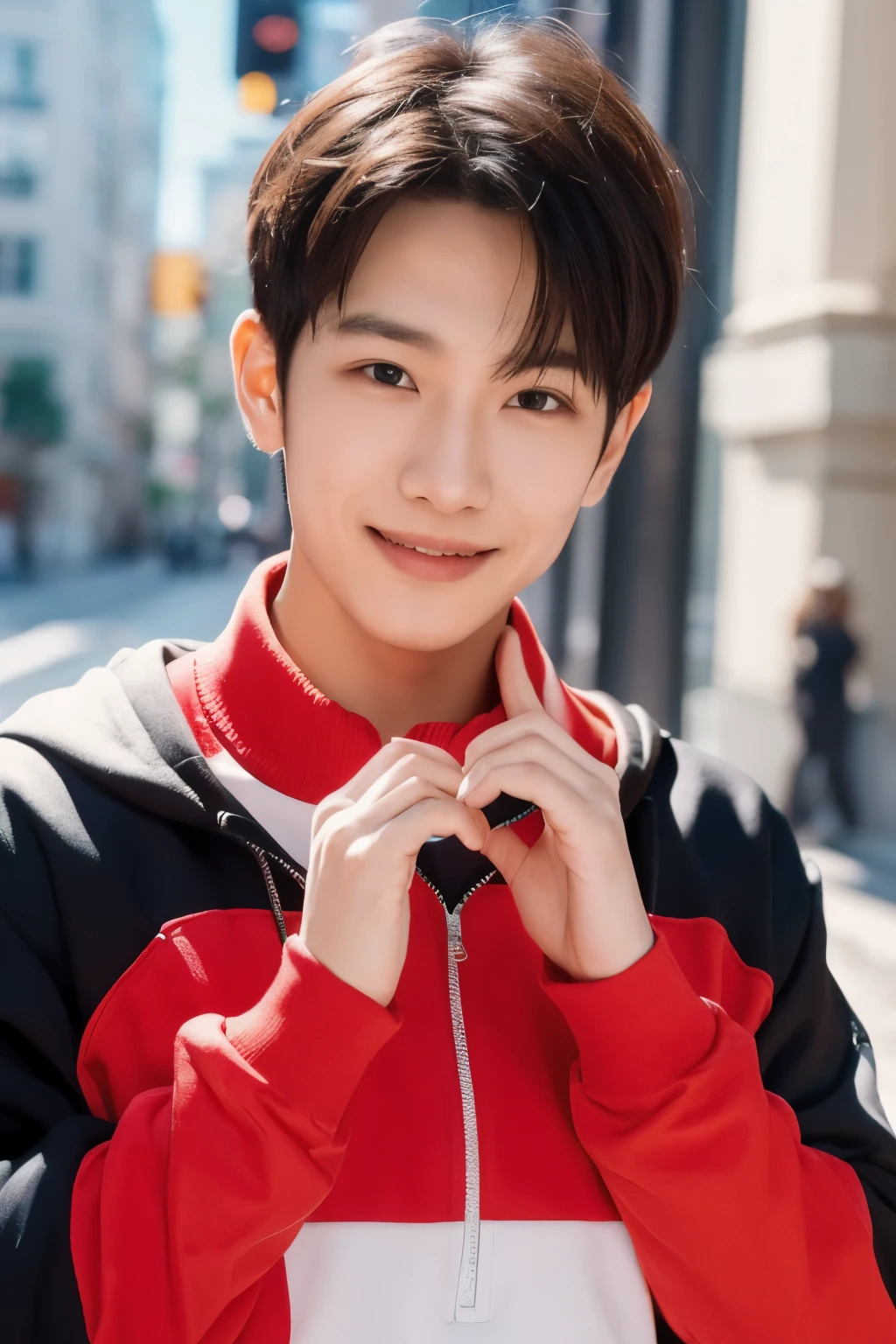 A smiling man wearing a DHL sport shart and making a heart with his hands for International Women's Day,
