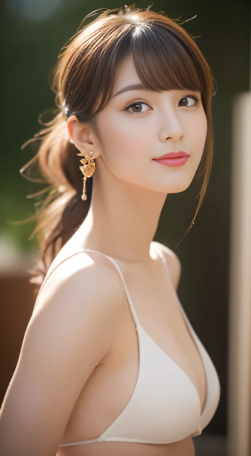 ((highest quality, 8K, masterpiece：1.3)), sharp focus：1.2, 20 year old female, (Half Japanese and half German woman), 1 person, Beautiful face with intelligence, A beautiful woman who emphasizes her supple body :1.3, 頭w:1.4, beautiful woman with perfect style：1.4, turn to the side：1.2, ((whole body, model body shape：1.2)), standing leaning against the wall, (white button shirt:1.1), white wall background:1.2, slim facial contour, The beauty of slim abs :1.2, thin waist, realistic skin texture, Fair skin, glowing skin, Fair skin, long and thin legs, super detailed face, fine eyes, double eyelid, beautiful thin eyebrows, fine long eyelashes, long slit eyes, charming brown eyes, Plump and glossy pink lips, My cheeks turned red, natural smile, beautiful teeth, beautiful small face, beautiful actress&#39; perfect makeup, necklace, earrings, light brown delicate soft hair, (feminine medium short, ponytail :1.2), layer cut, (dull bangs:1.2), stare at the viewer with a greedy expression, dynamic lighting, 

She is wearing a gold party dress made of satin fabric, 
The dress has wide open shoulders and chest.、The length is short., 
(well-shaped small breasts), You can see her cute little pink areolas, 
The bulge in your chest is beautiful, chest is visible, 
(luxury resort garden, elegant jacuzzi, You can see the beautiful sea in the distance :1.3), blur the background, 
(standing in a beautiful posture, legs open :1.5), raise your hands above your face,  