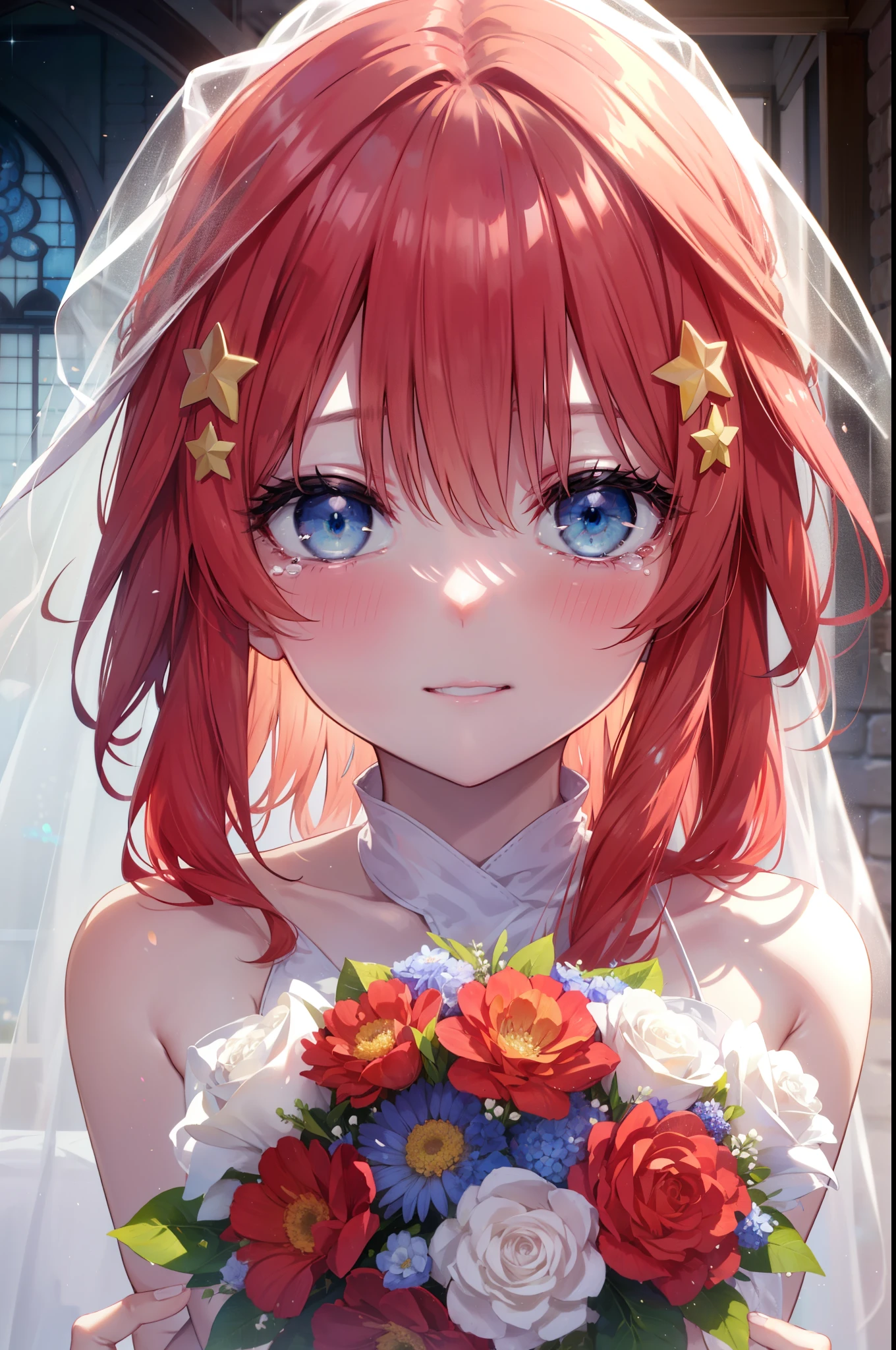 itsukinakano, itsuki nakano, bangs, blue eyes, hair between eyes, long hair,redhead, star \(symbol\), hair ornaments, star hair ornaments,smile,blush,open your mouth, happy atmosphere,Big tears are running down her face,tears of joy,Light of the sun,Stand Glass,bare clavicle,bare shoulders,Wedding dress,veil,Wedding Skirts,bouquet,holding a large bouquet of flowers in both hands,Hanabubuki, 
break looking at viewer, Upper body, whole body, 　　　　　break indoors, church,chapel, 
break (masterpiece:1.2), highest quality, High resolution, unity 8k wallpaper, (shape:0.8), (fine and beautiful eyes:1.6), highly detailed face, perfect lighting, Very detailed CG, (perfect hands, perfect anatomy),
