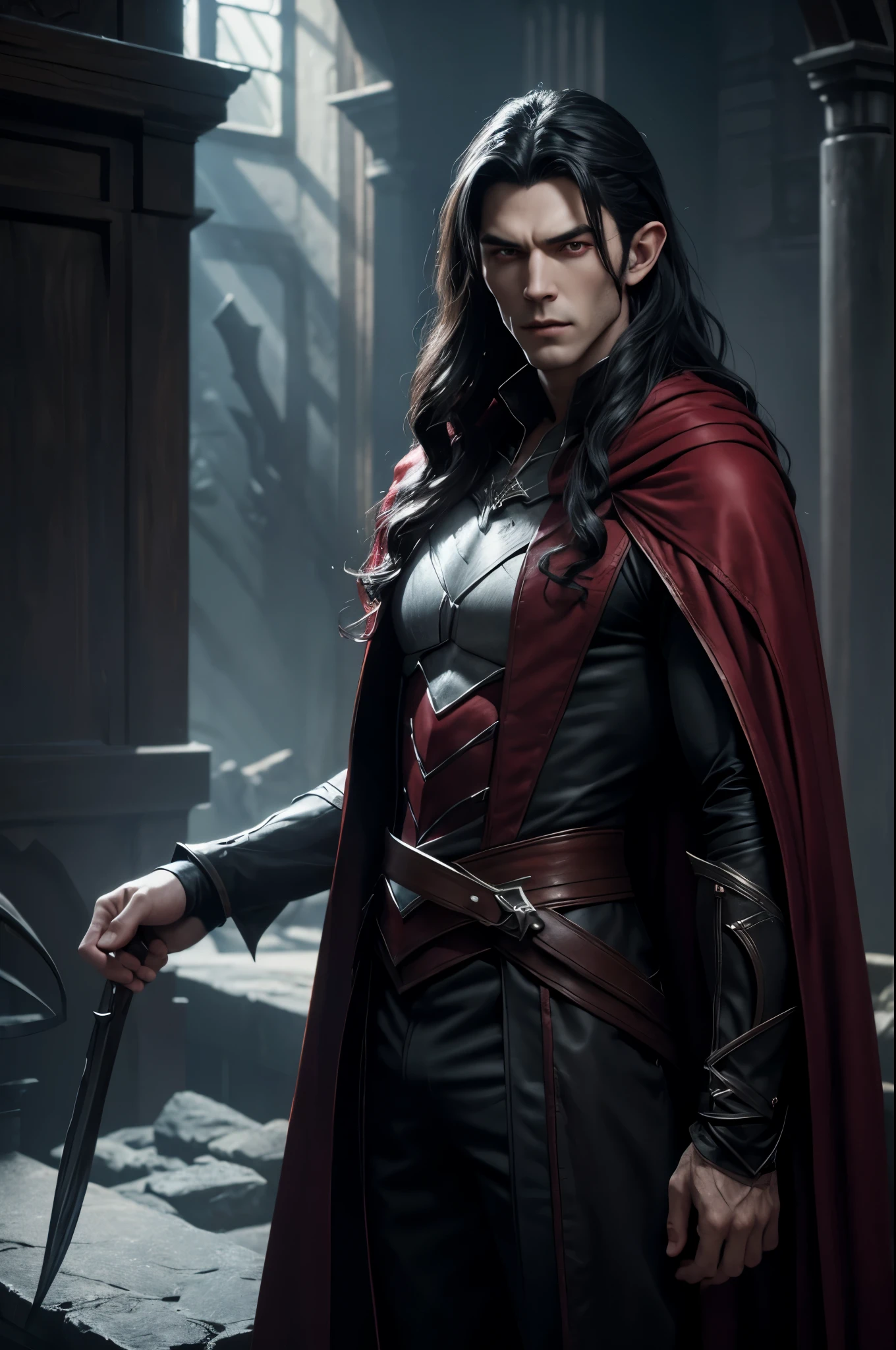 8K,vampire of the underworld,vampire demon slayer,super handsome(like the real thing),sharp red eyes(red glowing effect),pale skin(超realistic skin),vampire big fangs,pointed ears,gentleman costume,black cloak,lean muscular body,long white wavy hair,masterpiece,Photorealistic RAW photos of the highest quality。bright colors,rich colors, Backlight, cinematic lighting, film grain, to be born, 50MM lens, Nikon D850,realistic skin,fantasy art,character art,ultra high resolution,realistic scale skin,Perfect hand shape,view audience,