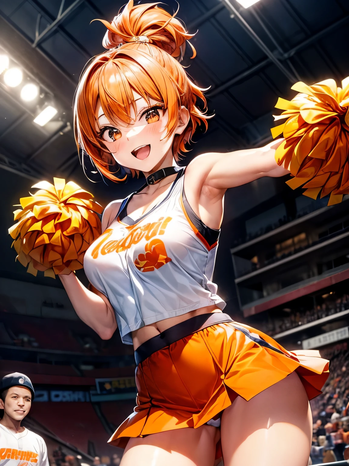 highest quality、complete limbs、A beautiful woman in her 20s、cheerleader、(orange hair woman:1.3)、short hair woman、beautiful big breasted woman、big smile、(オレンジ色と黒色のcheerleaderコスチュームを着た女性:1.3)、A woman wearing a super miniskirt、orange pants、dancing、baseball Ground、ground