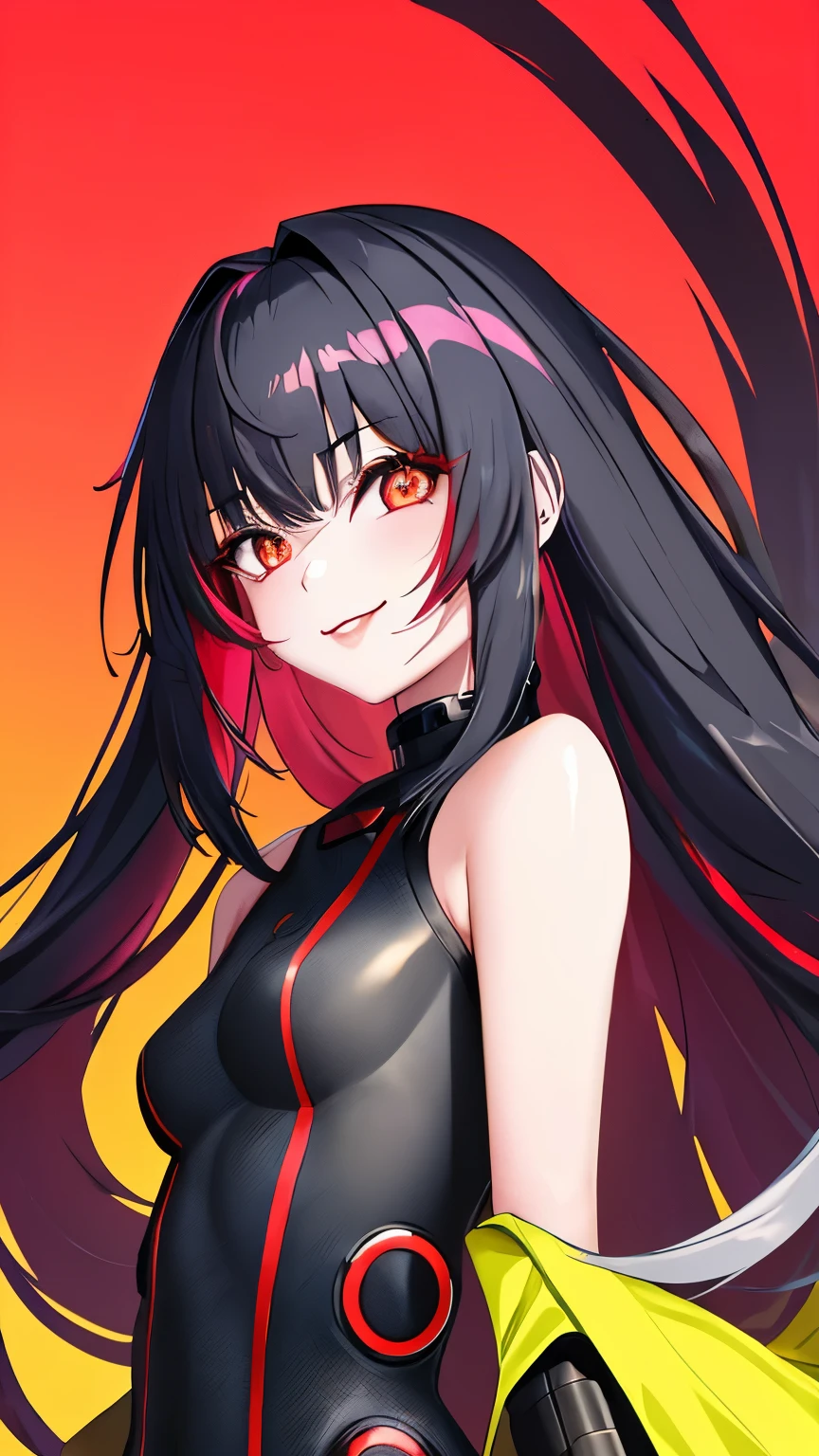 1 girl, Lucy \(cyber punk\), alone, looking at the viewer, cyber punk,wavy long hair , yellow background, smile, bare shoulders, red eyeliner, compensate, red lips, think back, parted bangs, Upper body, cyborg, multicolored eyes, body suit, closed mouth, gray hair ,cyber punk \(series\), cyber punk edgerunners,(mature woman),(masterpiece:1.2),(highest quality:1.2),
