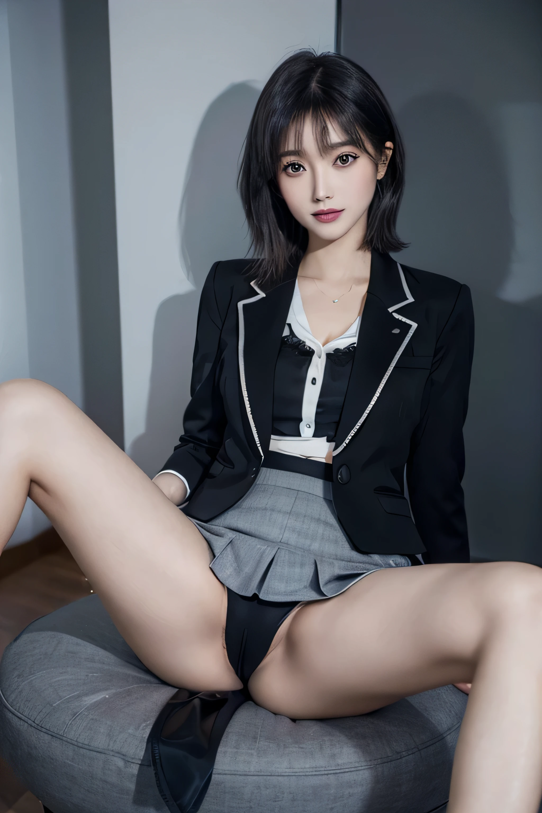 (masterpiece:1.2),(8K high quality), (highest quality), (reality), (It'realistic:1.37), Big eyes,long eyelashes,Precise action and realistic style),ultimate face,It'realistic, Light and shadow,, high detail skin,reality skin details,(Super detailed),straight short hair, ,((Full body photo shoot)),((少し離れたところからFull body photo shoot)), Only one woman in her 30s, cute type ,(Beautiful face with double eyelids), (realism: 1.4),(beautiful face 1.4),thin, (In office lady appearance'blouse and skirt:1.2),((at the company office)),medium hair,,((In office lady appearance suit and short skirt)),very beautiful legs,(((sitting))),((smile at the audience)),,very charming smile,,((Wearing a suit jacket and shirt blouse)),(spread your legs and show me your panties), I like to show my crotch to my viewers, I'man wearing black panties, (sit with both knees up, Very beautiful legs, The color of the pants is black, suit jacket is gray