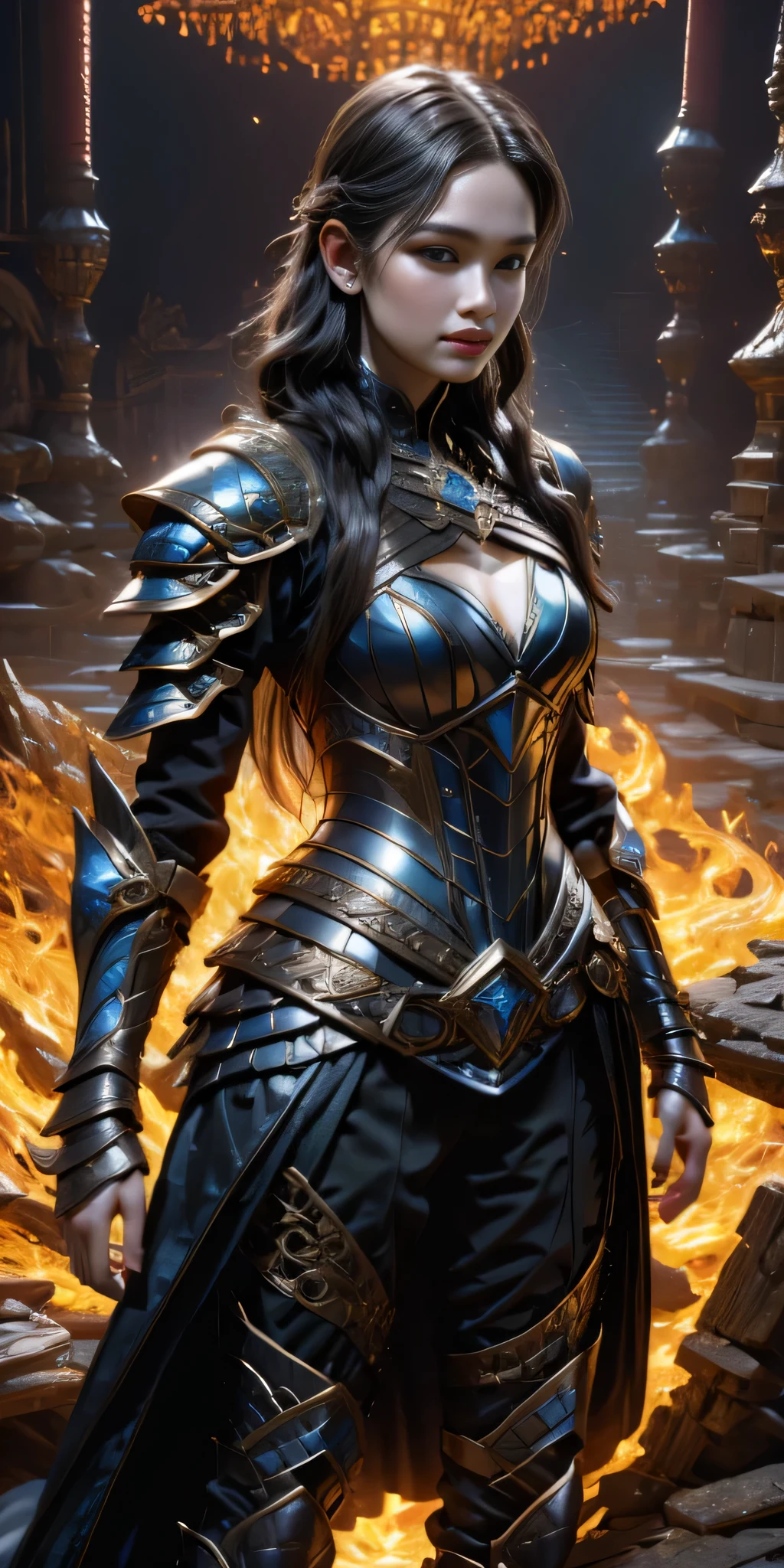 (master piece, top quality, High resolution), (hyper realistic:1.2)、detailed face、beautiful expression、shy smile、 (((women&#39;s armor))), (((Armor Dress Set))), (she has long black hair, cowboy shot、thin waist、navel、between legs、 bewitching、sexy mature woman、sexy、(random pose)、(change pose)、(dynamic angle)、 top view、urban ruins、 background details、 (((whole body)), From above, solo、