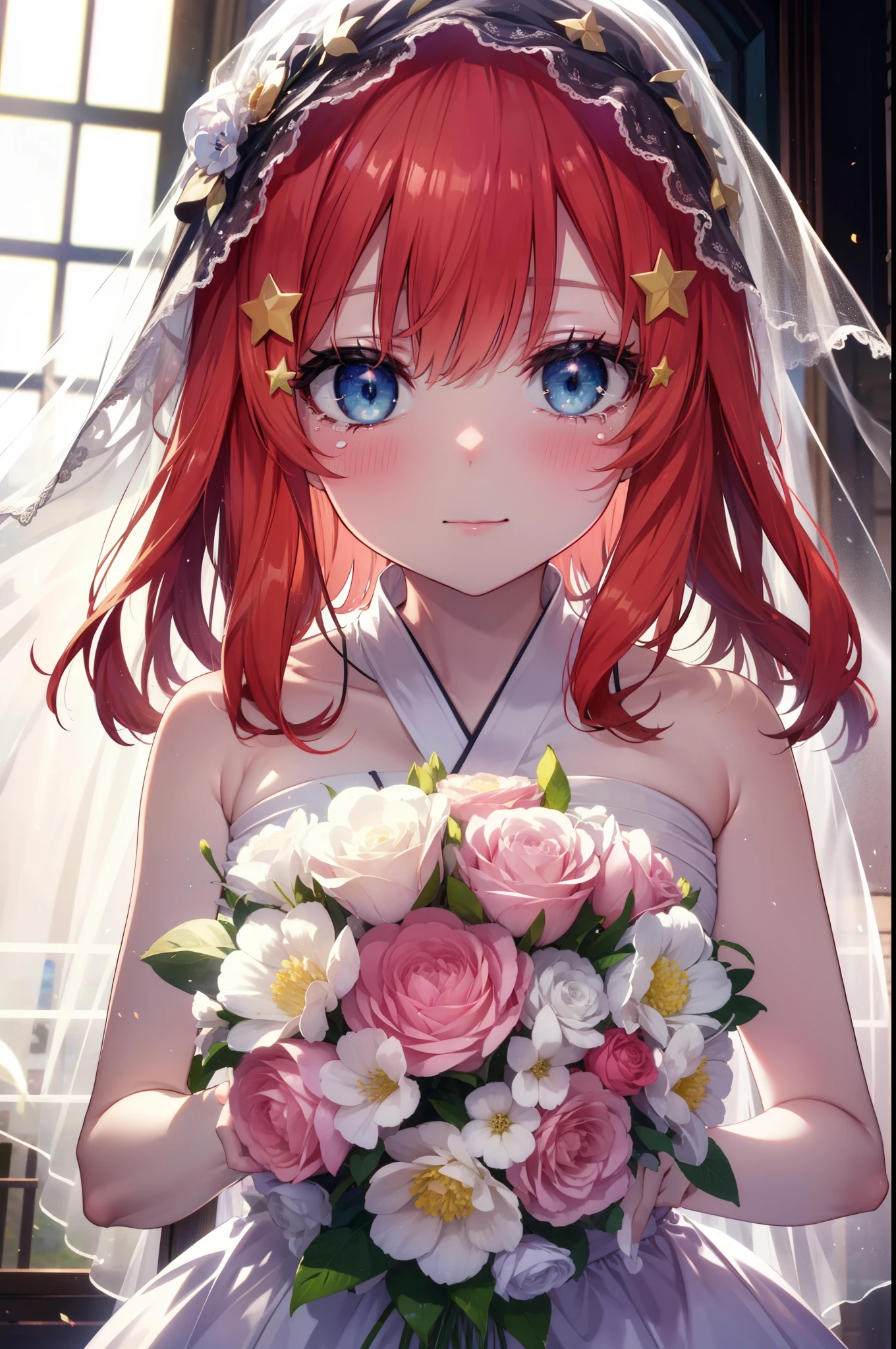 itsukinakano, itsuki nakano, bangs, blue eyes, hair between eyes, long hair,redhead, star \(symbol\), hair ornaments, star hair ornaments,smile,blush,open your mouth, happy atmosphere,Big tears are running down her face,tears of joy,Light of the sun,Stand Glass,bare clavicle,bare shoulders,Wedding dress,veil,Wedding Skirts,bouquet,holding a large bouquet of flowers in both hands,Hanabubuki, 
break looking at viewer, Upper body, whole body, 　　　　　break indoors, church,chapel, 
break (masterpiece:1.2), highest quality, High resolution, unity 8k wallpaper, (shape:0.8), (fine and beautiful eyes:1.6), highly detailed face, perfect lighting, Very detailed CG, (perfect hands, perfect anatomy),