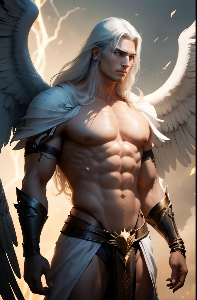 is a mysterious and powerful man with a pair of wings growing from his back. It gives an equally angelic and monstrous impression. Ele tem poderes elementais, pode voar, and will revive if killed, depois de um tempo. He obtains his physical strength and stature from an unholy source, So your skin is numb and doesn&#39;t feel much, e o poder santo ou sagrado o queima. He is immune to dark or shadow powers and fire, and fire is even a source of energy that he can absorb.

Ele usa um conjunto de finos, vestes brancas sobre seu corpo, com mangas especiais para suas asas, a pair of white pants, e um capuz.

he's too tall, 7'3", with a robust musculature in its medium build.  Your skin is quite pale, apenas pouco dentro da faixa de tom de pele normal, with countless lines of scars running over him. He has strength, sharp claws on fingers and toes. His wings are large and covered in marrom feathers, resembling the wings of an eagle. Sob seu capuz, ele tem olhos vermelhos gentis, mas intensos, and your hair is long, marrom, e ondulado.