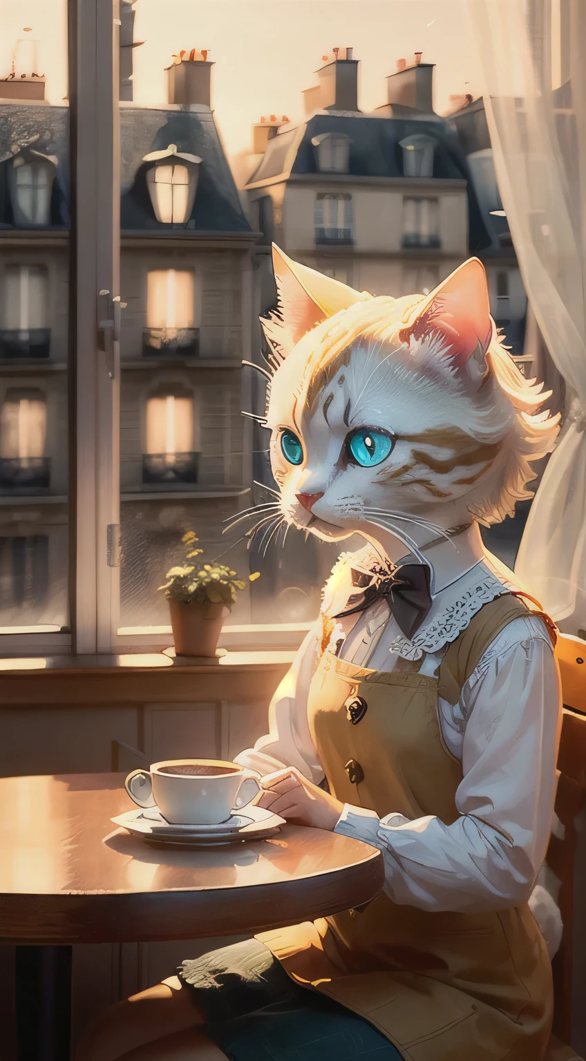 Anthropomorphic cat wearing clothes drinking coffee at sunset in Paris, front,Cute furry cat, contrast lighting, Parisian atmosphere, cozy cafe, wonderful atmosphere, like children's illustrations'fairy tales, many details, Careful details, Super detailed, Beautiful fairy tale atmosphere, pastel colors, Just like the pictures in the book