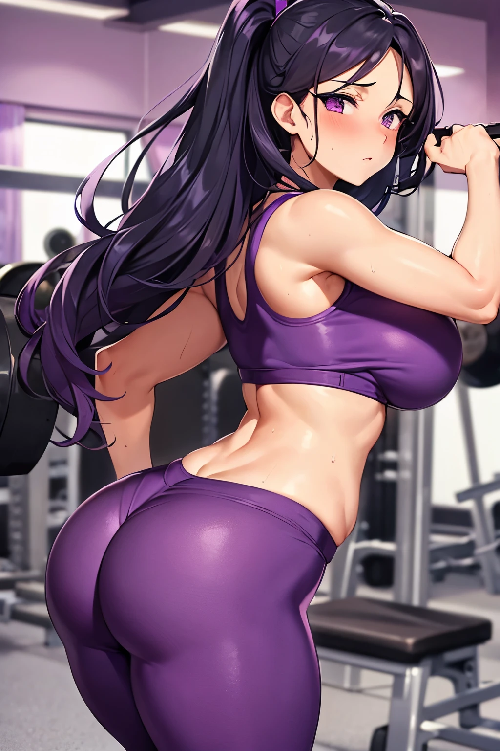 masterpiece), best quality, purple, expressive eyes, , purple perfect face, gym, workout, hot, sweating, sweaty, tan, big , tan skin, flustered, purple, lifting weights purple clothes, blush, purple clothes, see thru, yoga pants, black hair, lifting weights,curvy woman , black hair, purple eyes ,, purple pants ponytail, purple, purple clothes, purple pants,, multiple men, curvy, massive breasts, massive ass, curvy milf, purple , woman working out, heavy lifting, lifting weights, lifting heavy weights, lifting, weights, gym, workout in gym, lifting weights