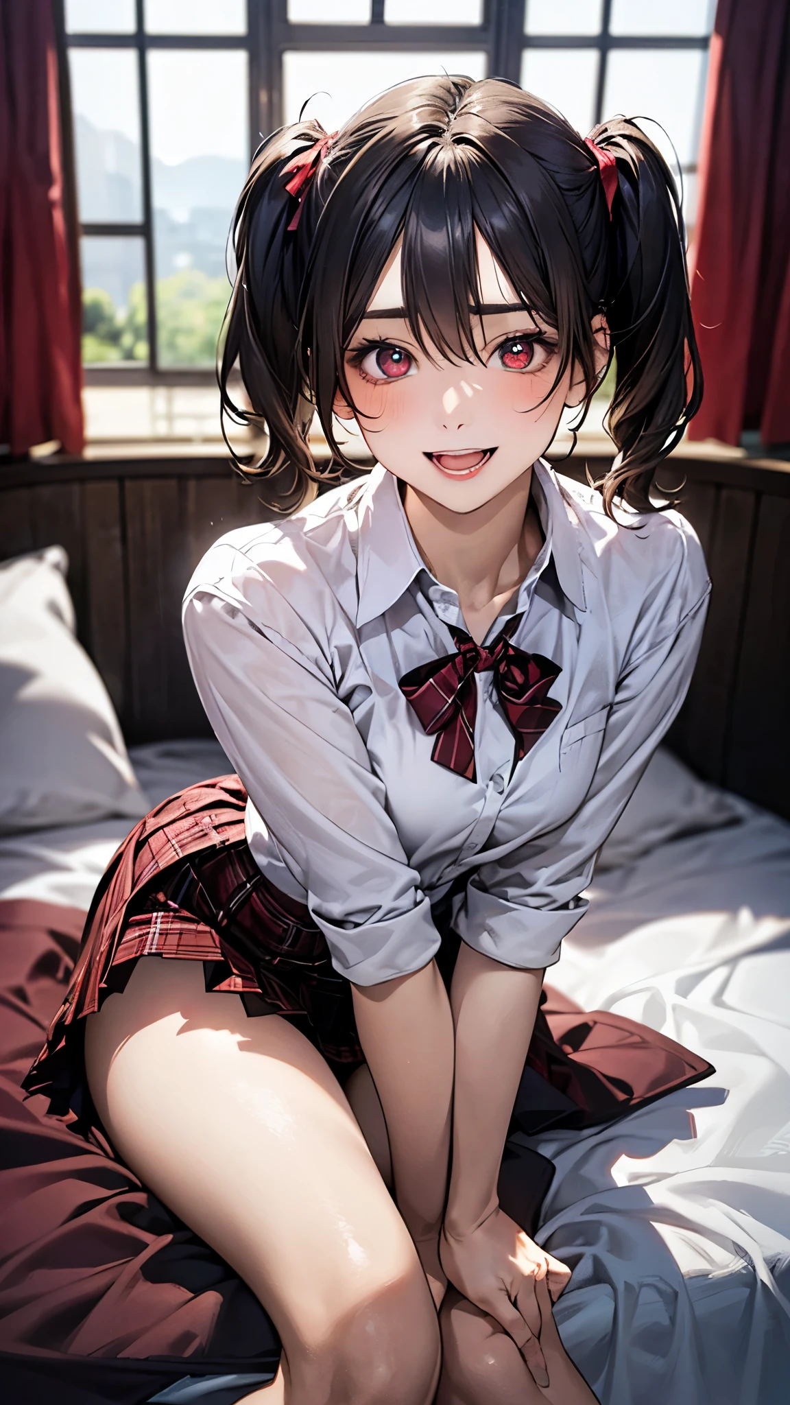 (masterpiece:1.3, top-quality, ultra high res, ultra detailed), (realistic, photorealistic:1.4), beautiful illustration, perfect lighting, natural lighting, colorful, depth of fields,
beautiful detailed hair, beautiful detailed face, beautiful detailed eyes, beautiful clavicle, beautiful body, beautiful chest, beautiful thigh, beautiful legs, beautiful fingers,
looking at viewer, front view:0.6. 1 girl, japanese, high school girl, perfect face, (perfect anatomy, anatomically correct), cute and symmetrical face, face, , shiny skin,
(short hair:1.7, twintails:1.6, dark blue hair), hair between eyes, brown eyes, long eye lasher, (medium breasts), slender,
(collared white shirt, dark red plaid pleated skirt, dark red neck ribbon), bottomless,
(beautiful scenery), evening, (bed room), sitting bed, (seductive smile, upper eyes, open mouth),