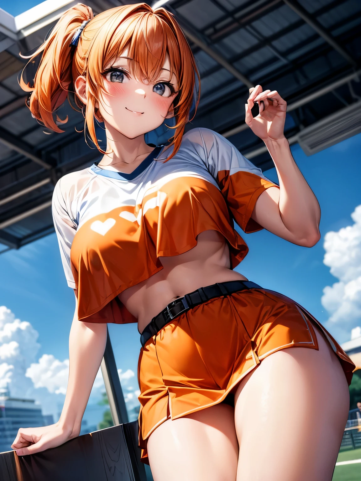 highest quality、complete limbs、A beautiful woman in her 20s、cheerleader、(orange hair woman:1.3)、short hair woman、beautiful big breasted woman、big smile、(オレンジ色と黒色のcheerleaderコスチュームを着た女性:1.3)、A woman wearing a super miniskirt、orange pants、dancing、baseball Ground、ground