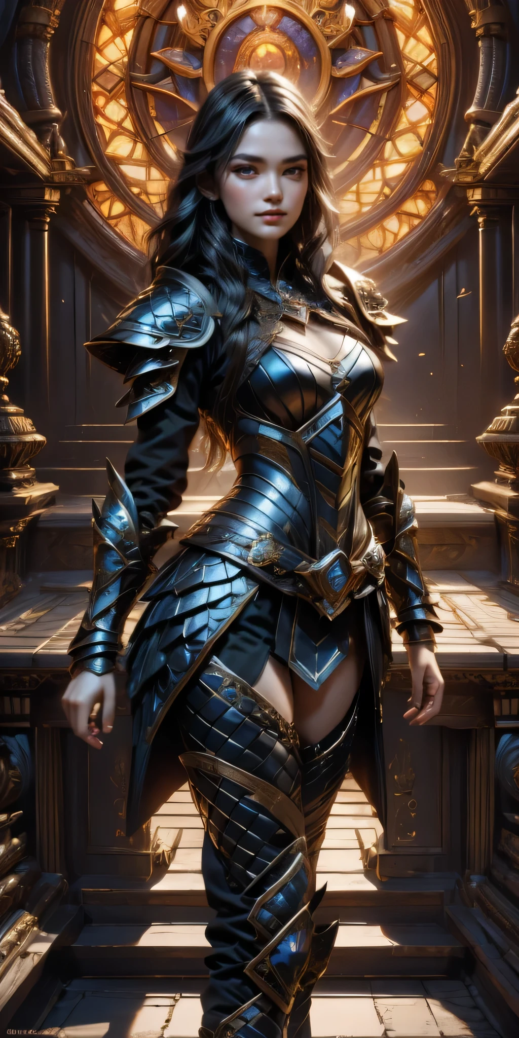(master piece, top quality, High resolution), (hyper realistic:1.2)、detailed face、beautiful expression、shy smile、 (((women&#39;s armor))), (((Armor Dress Set))), (she has long black hair, cowboy shot、thin waist、navel、between legs、 bewitching、sexy mature woman、sexy、(random pose)、(change pose)、(dynamic angle)、 top view、urban ruins、 background details、 (((whole body)), From above, solo、