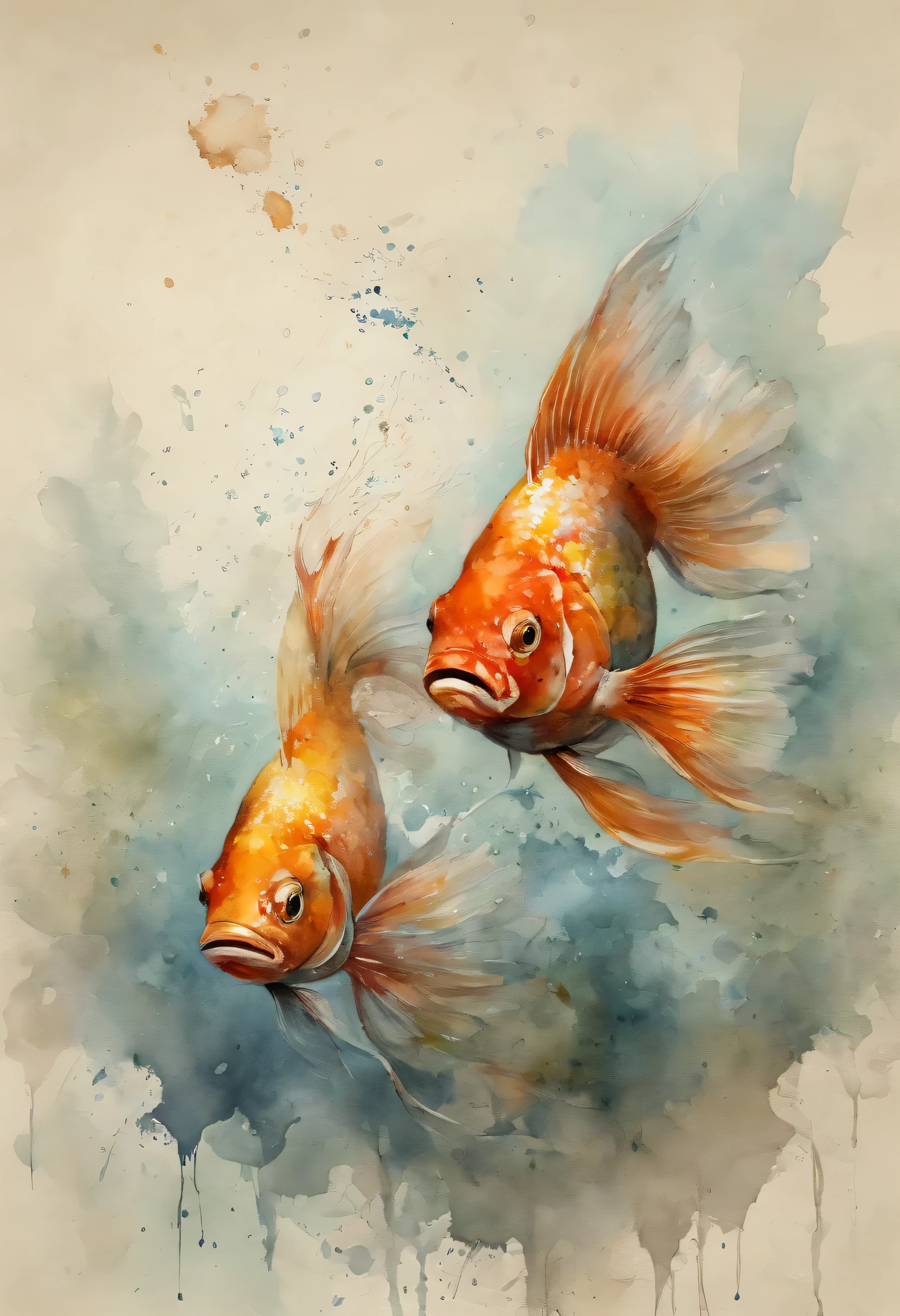 3 Feng Shui fish swimming in a circle painting with a splatter background and spray paint effect, beige colors, by Eugeniusz Zak, watercolor art, by Károly Lotz, watercolor painting, watercolor painting style, watercolor detailed art, by Reuben Tam, watercolor digital painting, watercolor paint, masterfully detailed watercolor, watercolor art, Grzegorz Rutkowski