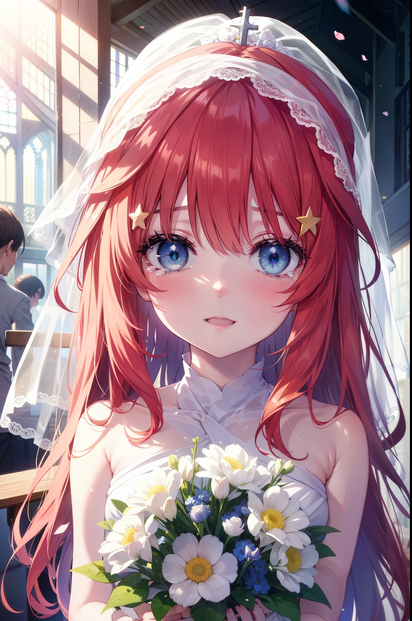 itsukinakano, itsuki nakano, bangs, blue eyes, hair between eyes, long hair,redhead, star \(symbol\), hair ornaments, star hair ornaments,smile,blush,open your mouth, happy atmosphere,Big tears are running down her face,tears of joy,Light of the sun,Stand Glass,bare clavicle,bare shoulders,Wedding dress,veil,Wedding Skirts,bouquet,holding a large bouquet of flowers in both hands,Hanabubuki,
break looking at viewer, Upper body, whole body, break indoors, church,chapel,
break (masterpiece:1.2), highest quality, High resolution, unity 8k wallpaper, (shape:0.8), (fine and beautiful eyes:1.6), highly detailed face, perfect lighting, Very detailed CG, (perfect hands, perfect anatomy),