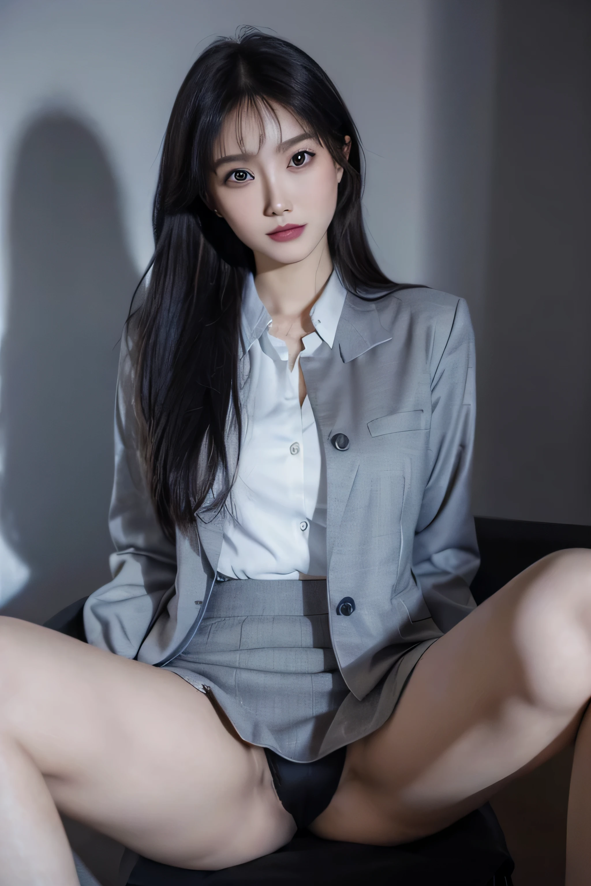 (masterpiece:1.2),(8K high quality), (highest quality), (reality), (It'realistic:1.37), Big eyes,Precise action and realistic style),ultimate face,realistic光と影,, high detail skin,reality skin details,(Super detailed),straight short hair, ,((Full body photo shoot)),((少し離れたところからFull body photo shoot)), Only one woman in her 30s, cute type , (realism: 1.4),(beautiful face 1.4),thin, (In office lady appearance'blouse and skirt:1.2),((at the company office)),medium hair,,((In office lady appearance suit and short skirt)),very beautiful legs,(((sitting))),((smile at the audience)),,very charming smile,,((Wearing a suit jacket and shirt blouse)),(spread your legs and show me your panties), I like to show my crotch to my viewers, I'man wearing black panties, (sit with both knees up, Very beautiful legs, The color of the pants is black, suit jacket is gray