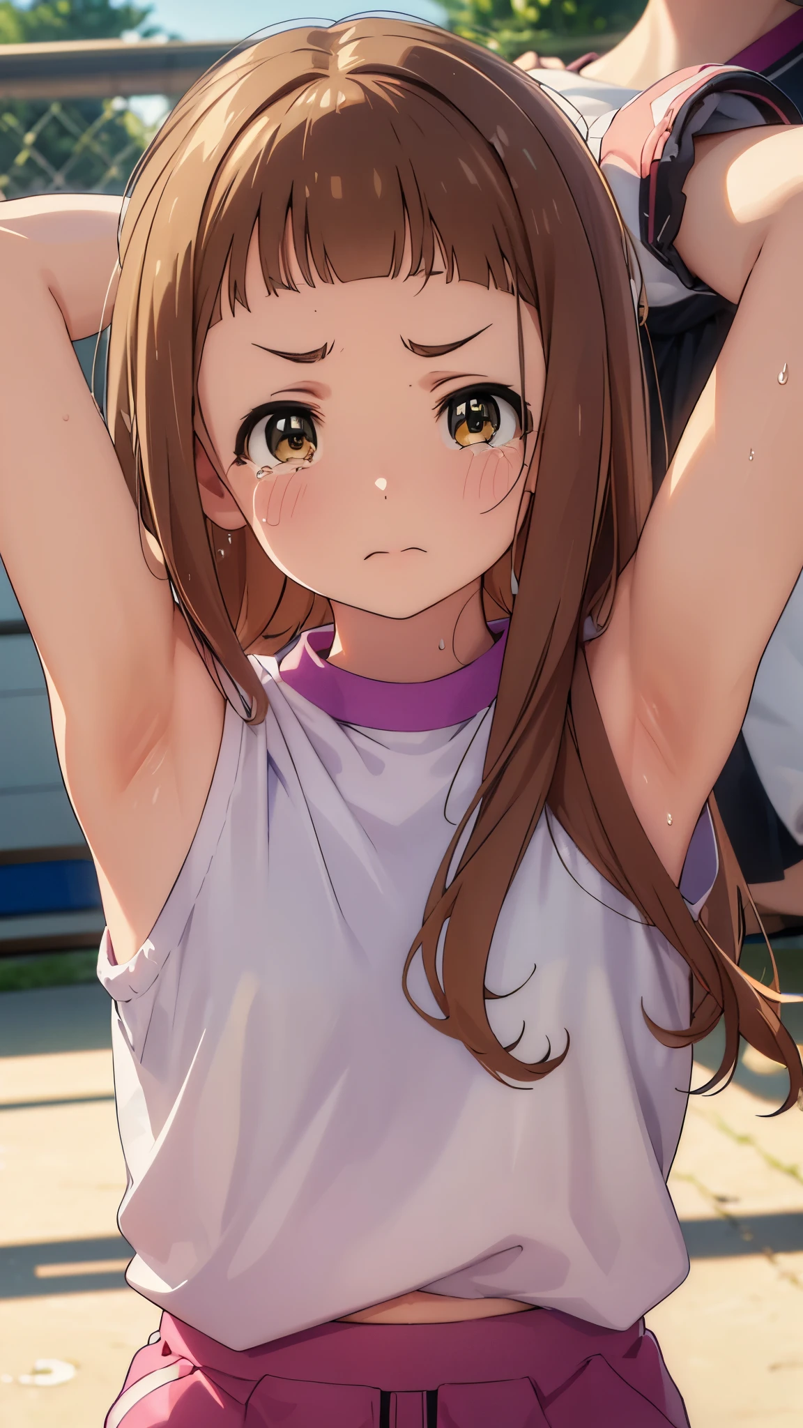 (perfectly balanced anatomy), A girl in gym clothes whose armpits smell bad。。An angle that looks like you&#39;re looking up from below.。very cute round face。Bangs that sit above brows, nina ichihara, extremely embarrassed, crying