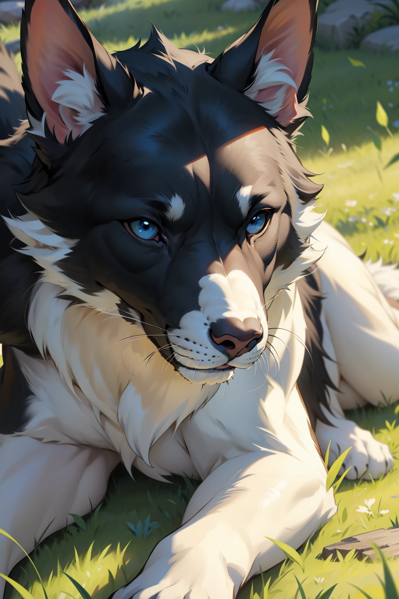 hyperrealistic, masterpiece, best quality, 4k, 8k,
a dog with bright, piercing eyes,
lean and muscular build,
sleek, shiny black fur,
focus on its expressive face,
distinctive, floppy ears,
intimate close-up of its snout and wet nose,
detailed facial features,
hyper-realistic whiskers and wrinkles,
sitting calmly on the grass,
looking directly at the viewer,
creatively captured in a playful pose.