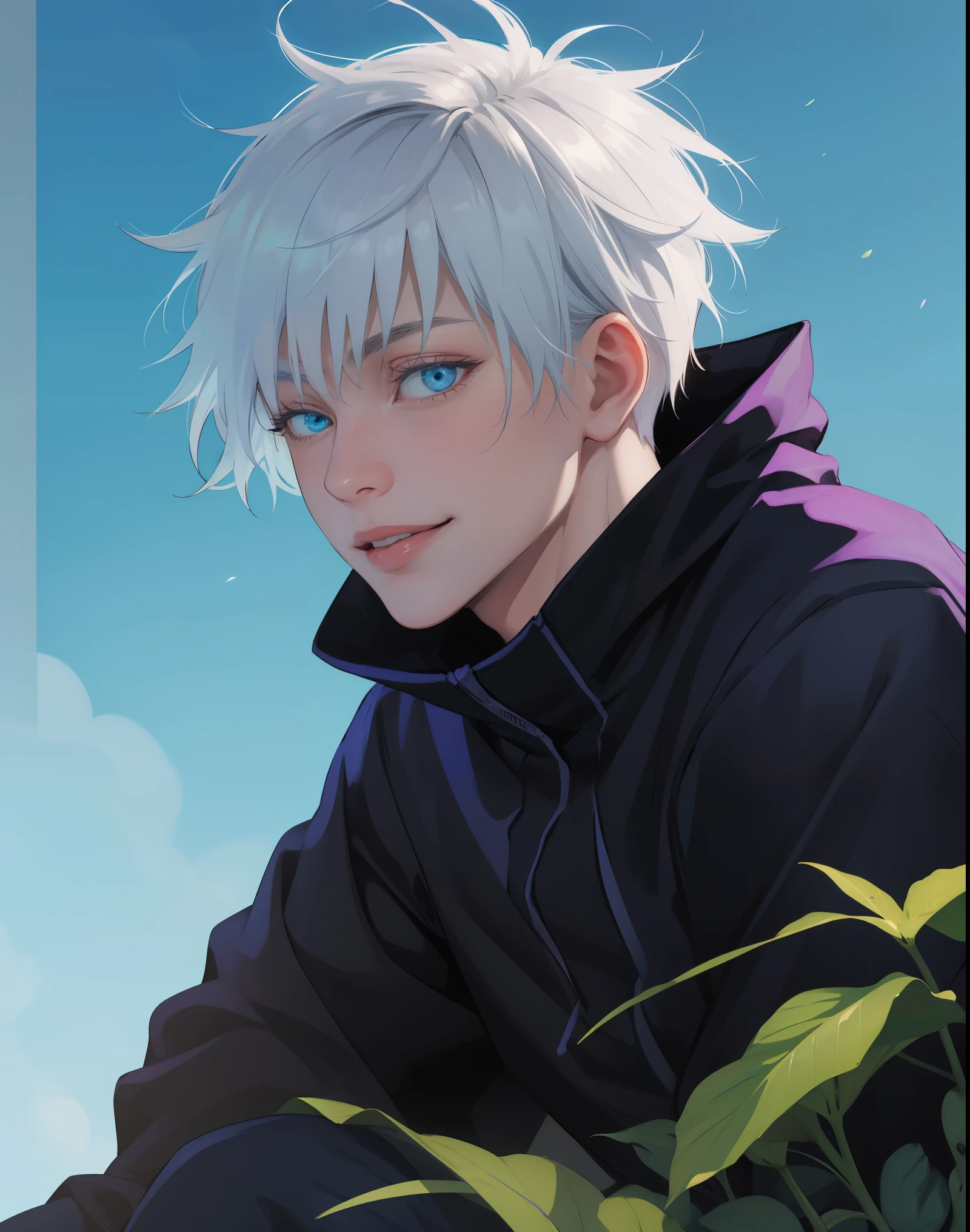 masterpiece, best quality, 1boy, close up potrait, gojou satoru, jujutsu kaisen, white hair, short hair, blue eyes, beautiful blue eyes, black jacket, black pants ,high collar, long sleeves, shoes, upper body, smile, looking at viewer, solo, blue sky, meadow background , beautiful blue lights in the background, 4k anime 