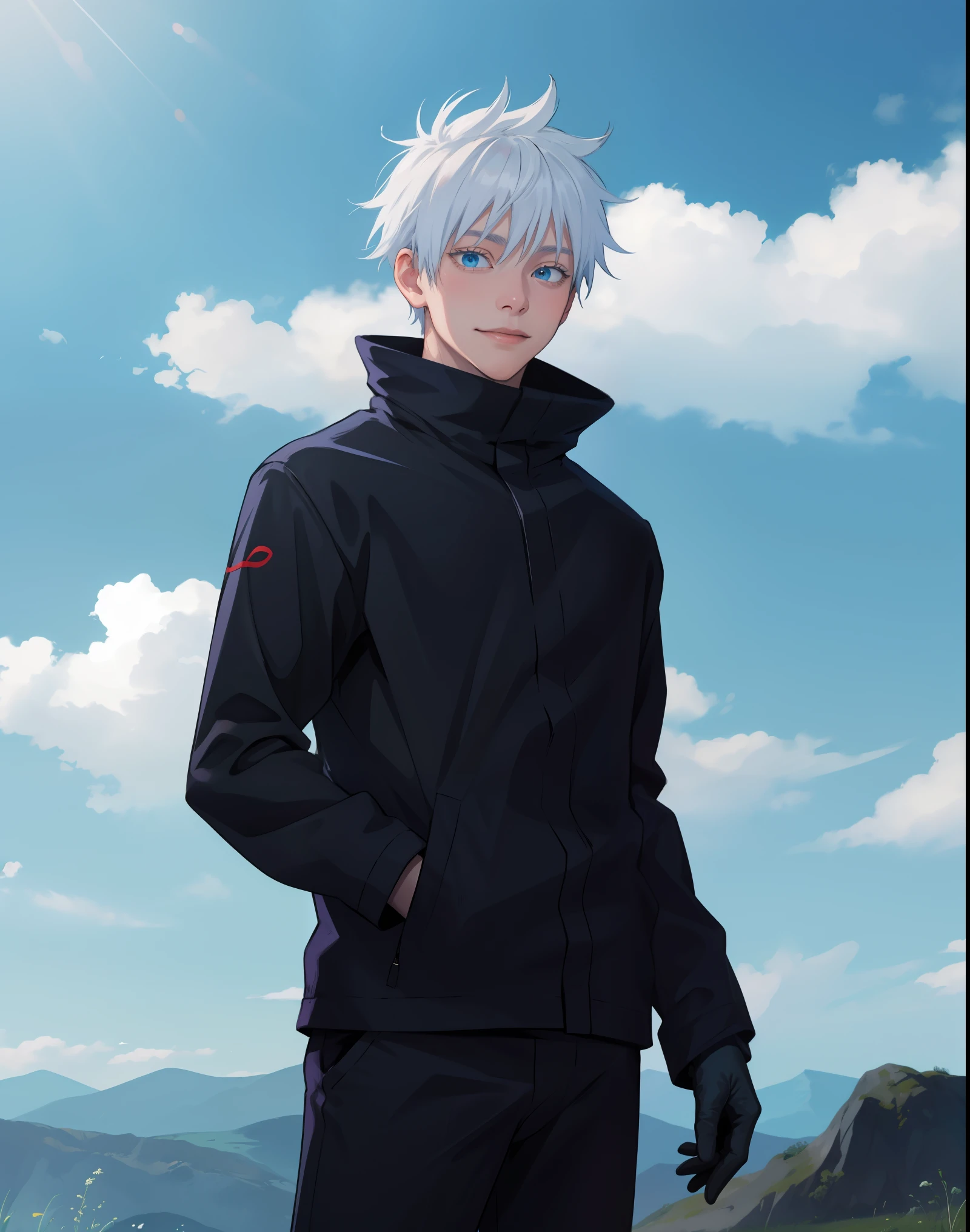 masterpiece, best quality, 1boy, gojou satoru, jujutsu kaisen, white hair, short hair, blue eyes, beautiful blue eyes, black jacket, black pants ,high collar, long sleeves, shoes, upper body, smile, looking at viewer, solo, blue sky, meadow background , beautiful blue lights in the background, 4k anime 