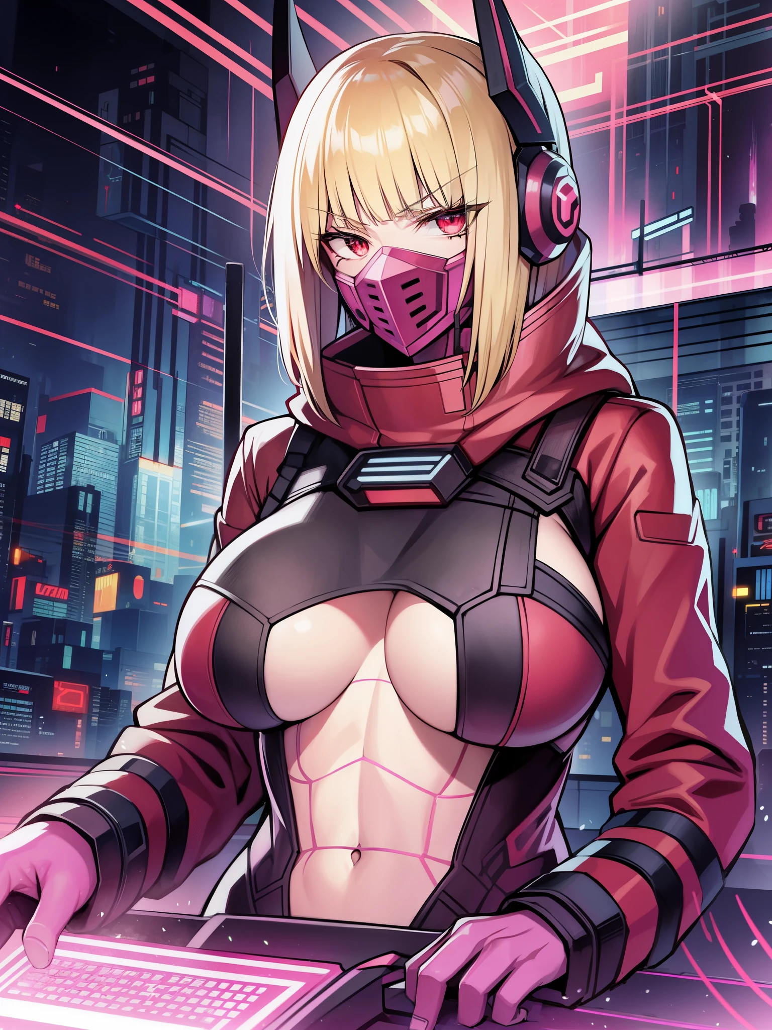 
cyber punk: Edge Runners、Cyber hacking、Hack the cyborg&#39;s computer、Hacking attack that burns the brain with overvoltage。kiwi、blonde、red eyes、big tits milf、big tits milf、big tits milf、One of the edge runners working as a mercenary in Night City.。Veteran netrunner with advanced hacking skills、（（（Replace the mouth with cyberware like an iron mask、Red suit with almost no exposure）））+++、（（（Tattoos in the shape of spider webs all over the body）））+++、