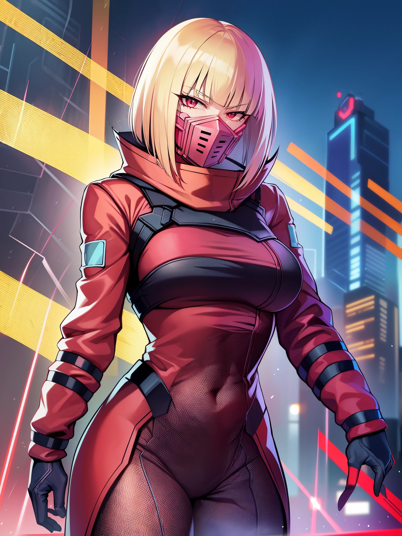 cyber punk: Edge Runners、Cyber hacking、Hack the cyborg&#39;s computer、Hacking attack that burns the brain with overvoltage。kiwi、blonde、red eyes、big tits milf、big tits milf、big tits milf、One of the edge runners working as a mercenary in Night City.。Veteran netrunner with advanced hacking skills、（（（Replace the mouth with cyberware like an iron mask、Red suit with almost no exposure）））+++、（（（Tattoos in the shape of spider webs all over the body）））+++、