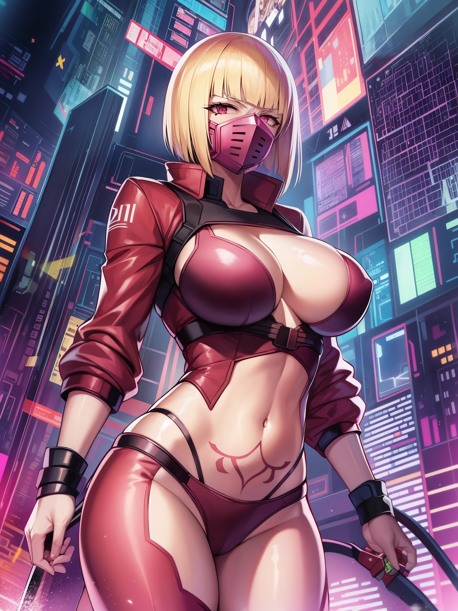 
cyber punk: Edge Runners、Cyber hacking、Hack the cyborg&#39;s computer、Hacking attack that burns the brain with overvoltage。kiwi、blonde、red eyes、big tits milf、big tits milf、big tits milf、One of the edge runners working as a mercenary in Night City.。Veteran netrunner with advanced hacking skills、（（（Replace the mouth with cyberware like an iron mask、Red suit with almost no exposure）））+++、（（（Tattoos in the shape of spider webs all over the body）））+++、