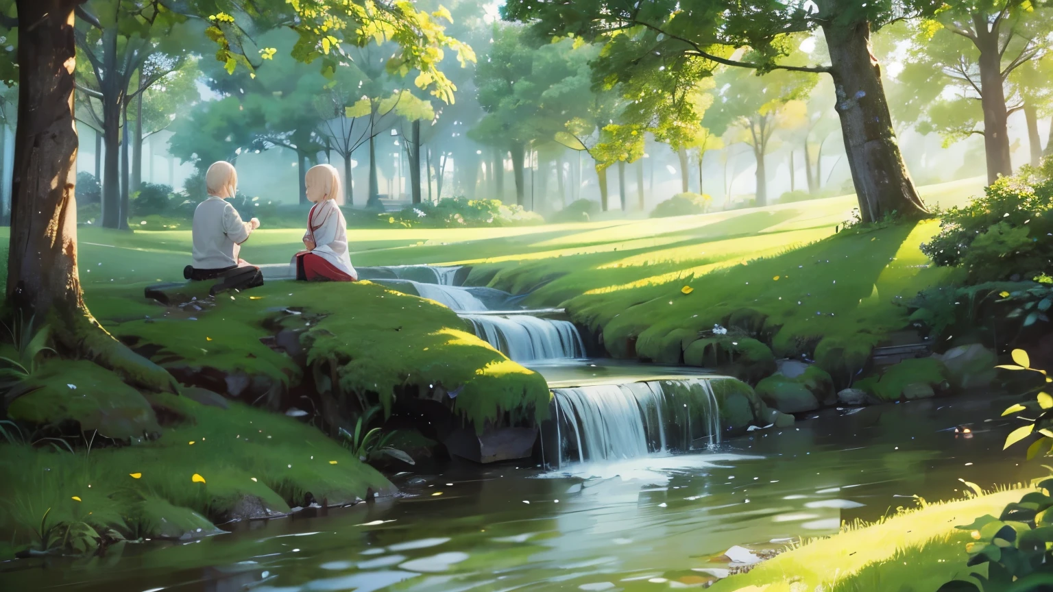 I took photos of a peaceful moment spent in nature.。wood々Imagine a peaceful landscape with soft morning light shining through the space.。A calm stream meandering、Surrounded by lush greenery。In the foreground、people sitting quietly on the bank、Are you meditating?、Perhaps they are simply soaking in the calmness of their surroundings.。The overall atmosphere is calm and connected to the natural world.、Highlights the beauty and peace of outdoor moments。