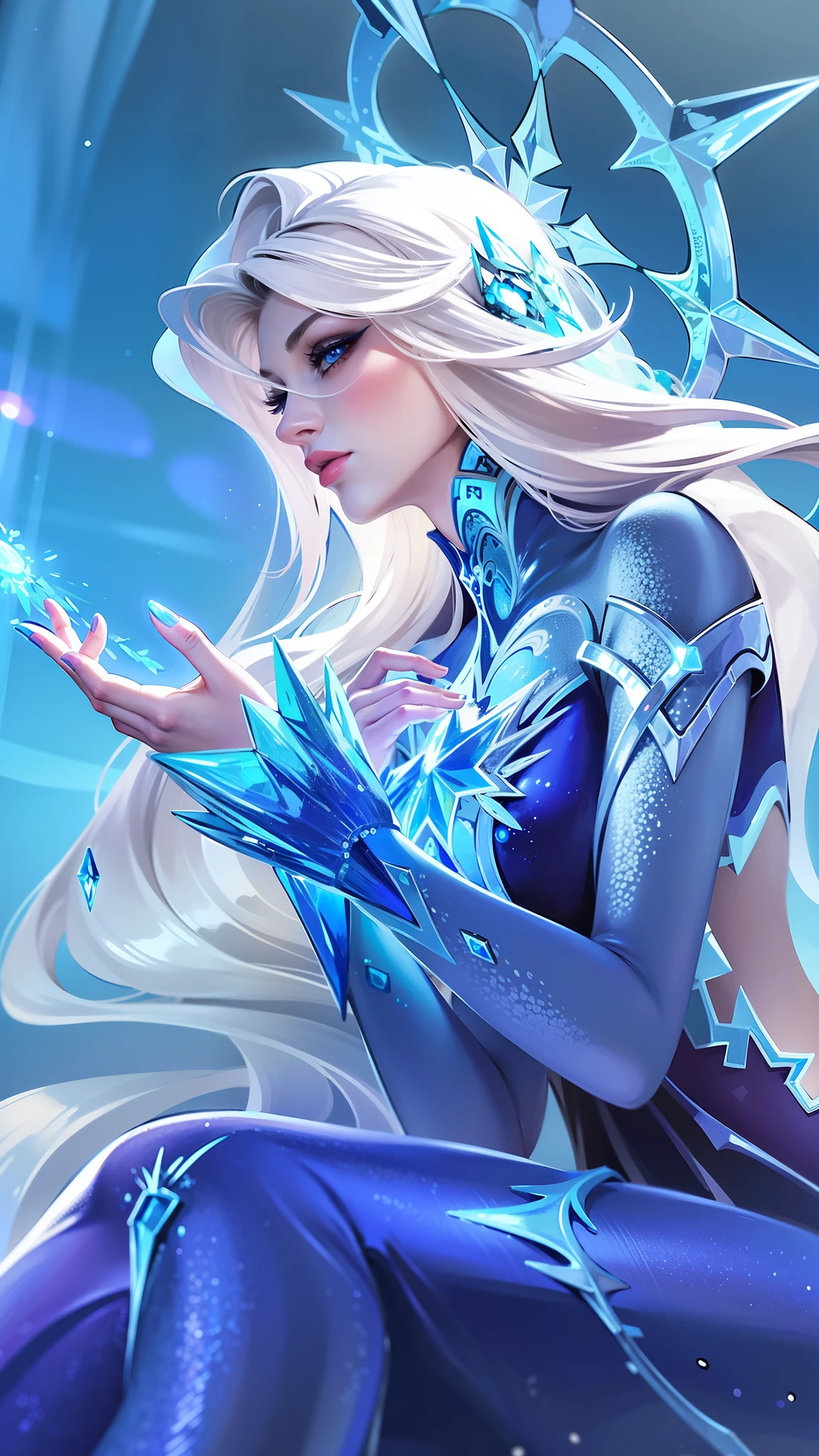 there is a woman in a blue dress sitting on a rock, ice sorceress, queen of ice and storm, ice mage, crystalline skin, ice queen, crystal maiden, beautiful ancient frost witch, ice spell, goddess of winter, extremely detailed artgerm, artgerm detailed, ig model | artgerm, artgerm. high detail, blue eyes