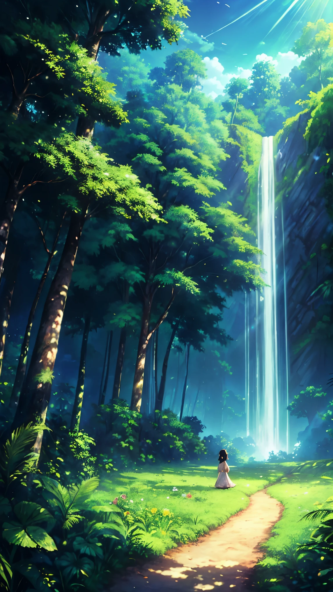 highres:1.2,ultra-detailed,realistic:1.37,clouds,jungle,anime,4k,painting,beautiful,detailed eyes,happy expression,vibrant colors,summer,greenery,sunlight streaming through trees,peaceful setting,exploring nature,adventure,curious,serene atmosphere,fantasy,daytime,joyful,youthful,refreshing,clear skies,lush vegetation,tall trees,tropical,immersive,magical,crisp,clear,dreamlike,immersed,tranquil,emotive,mysterious,melancholic,pure,ethereal,vivid,depth,soft shadows,bright highlights,lively,motion,flowing,animated,playful,imaginative,expressive,whimsical.