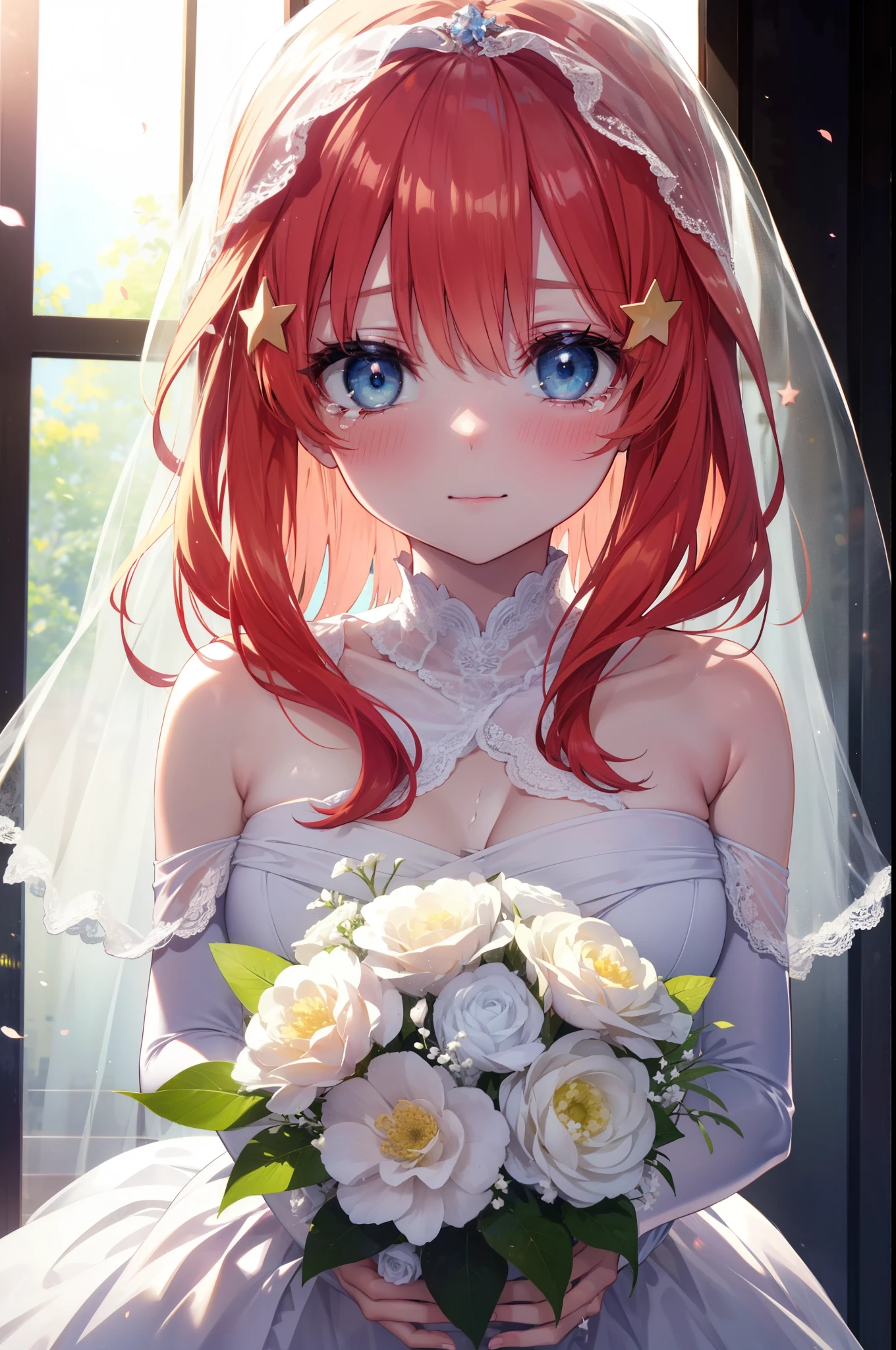 itsukinakano, itsuki nakano, bangs, blue eyes, hair between eyes, long hair,redhead, star \(symbol\), hair ornaments, star hair ornaments,smile,blush,open your mouth, happy atmosphere,Big tears are running down her face,tears of joy,Light of the sun,Stand Glass,bare clavicle,bare shoulders,Wedding dress,veil,Wedding Skirts,bouquet,holding a large bouquet of flowers in both hands,Hanabubuki, 
break looking at viewer, Upper body, whole body, 　　　　　break indoors, church,chapel, 
break (masterpiece:1.2), highest quality, High resolution, unity 8k wallpaper, (shape:0.8), (fine and beautiful eyes:1.6), highly detailed face, perfect lighting, Very detailed CG, (perfect hands, perfect anatomy),