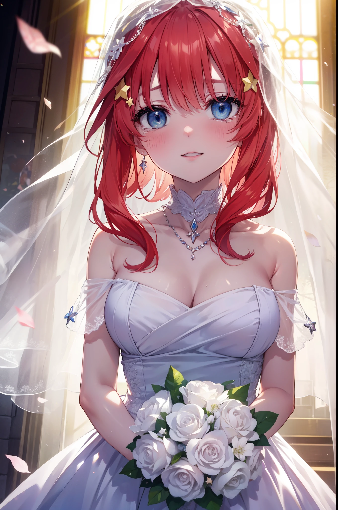 itsukinakano, itsuki nakano, bangs, blue eyes, hair between eyes, long hair,redhead, star \(symbol\), hair ornaments, star hair ornaments,smile,blush,open your mouth, happy atmosphere,Big tears are running down her face,tears of joy,Light of the sun,Stand Glass,bare clavicle,bare shoulders,Wedding dress,veil,Wedding Skirts,bouquet,holding a large bouquet of flowers in both hands,Hanabubuki, 
break looking at viewer, Upper body, whole body, 　　　　　break indoors, church,chapel, 
break (masterpiece:1.2), highest quality, High resolution, unity 8k wallpaper, (shape:0.8), (fine and beautiful eyes:1.6), highly detailed face, perfect lighting, Very detailed CG, (perfect hands, perfect anatomy),