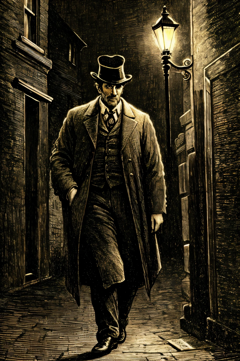 estilo de desenho de gustavedore , realistic illustration of a detective wearing (sobretudo:1.1) and hat , in a Victorian London city at night,  Epic lighting, cinematic lighting,  high resolution, (imagem detalhada:1), detalhes insanos,   (altamente detalhado:1.2)