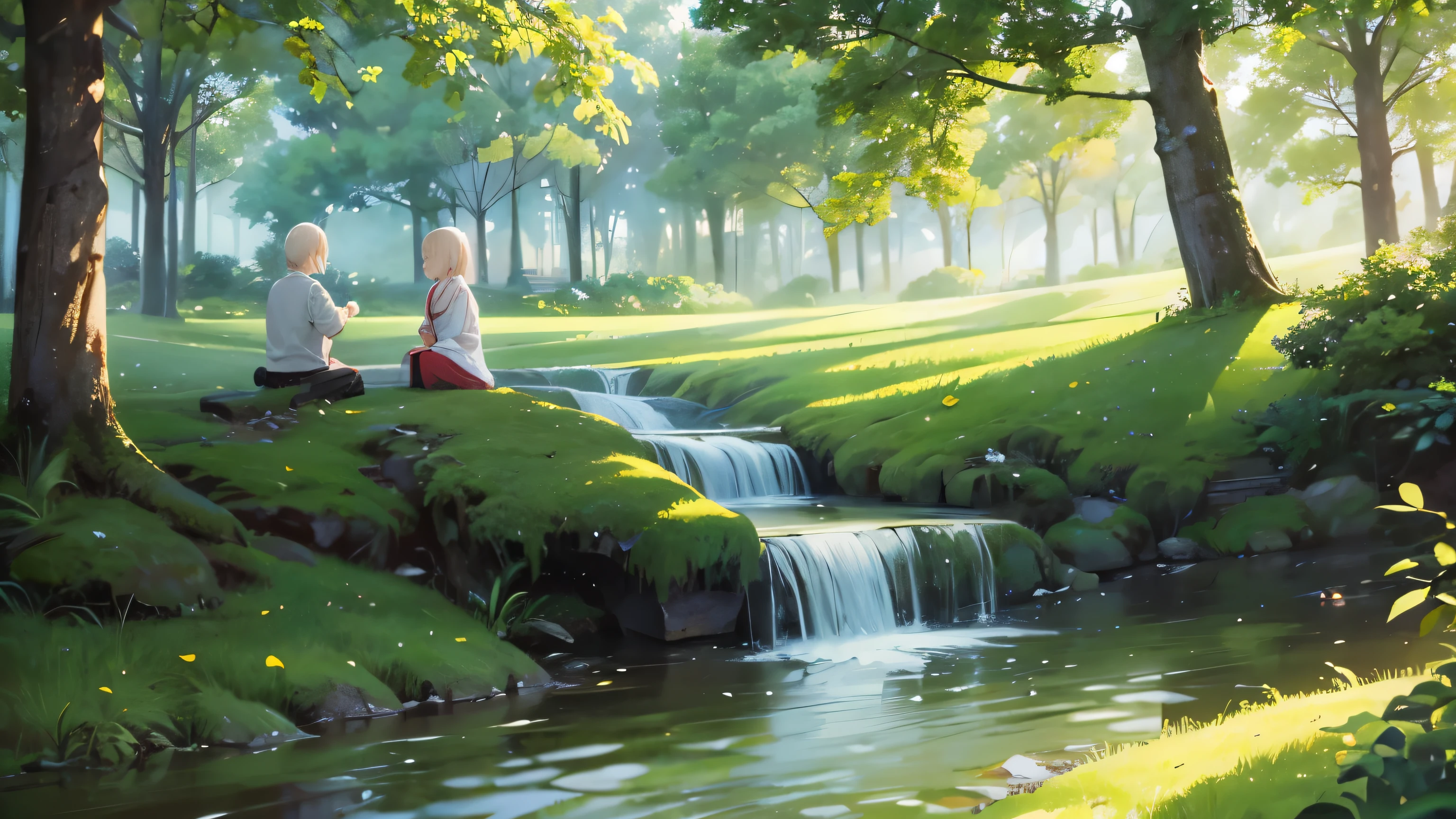 I took a photo of a peaceful moment spent in nature..。wood々Imagine a peaceful landscape bathed in soft morning light.。.。a gentle meandering stream、Surrounded by lush greenery。In the foreground、a person sitting quietly on the shore々、do you meditate?、Perhaps they are simply soaking in the calmness of their surroundings.。The overall atmosphere is calm and connected to the natural world.、Highlights the beauty and serenity of outdoor moments。
