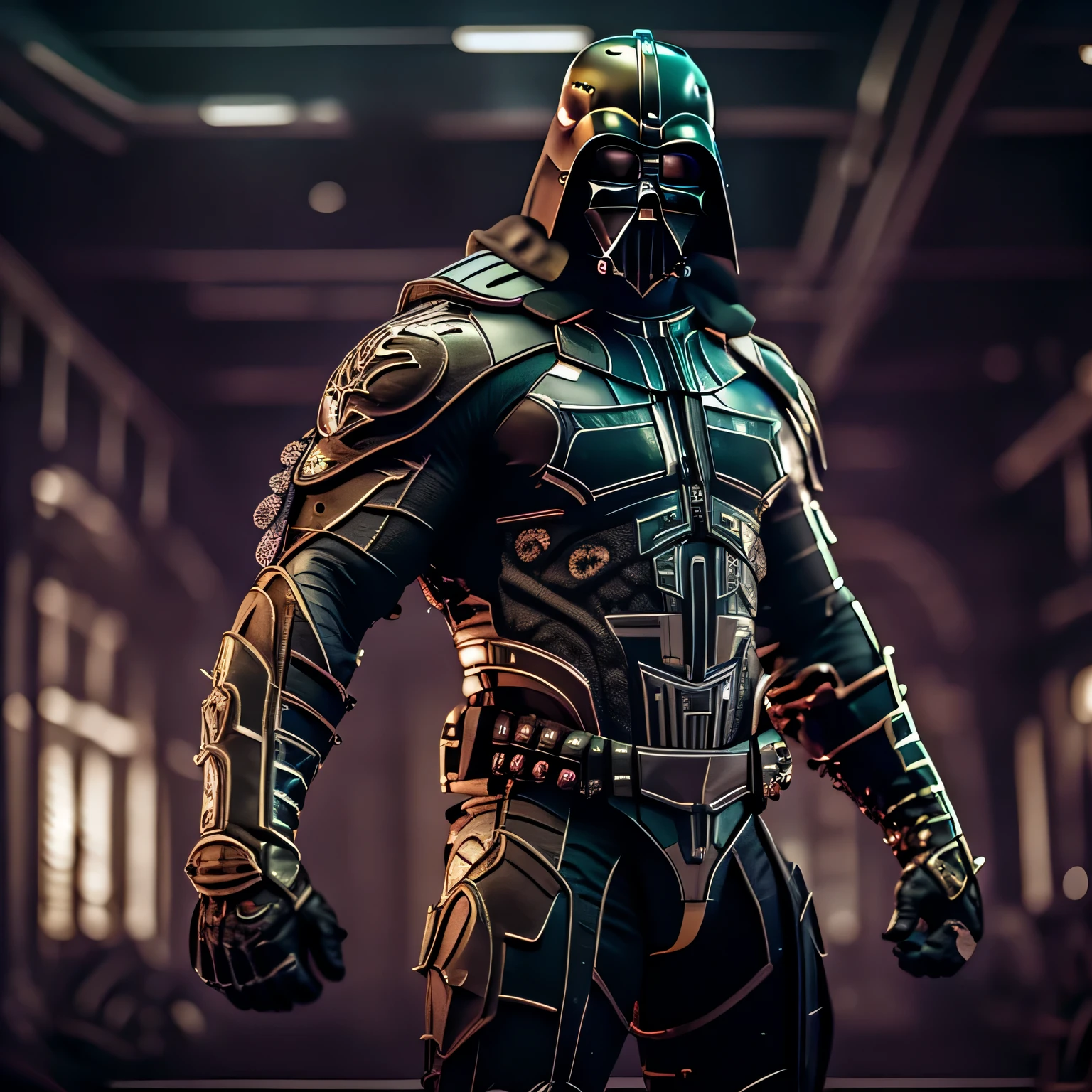 (extremely detailed CG unity 8k wallpaper, masterpiece, best quality, ultra-detailed), (best illumination, best shadow, an extremely delicate and beautiful), a big muscular bodybuilder with the mask of Darth Vader, fierce and strong pose, (dramatic lighting: 1.3), under the spotlight, fast and dynamic movement, close-up angle, strong expression.