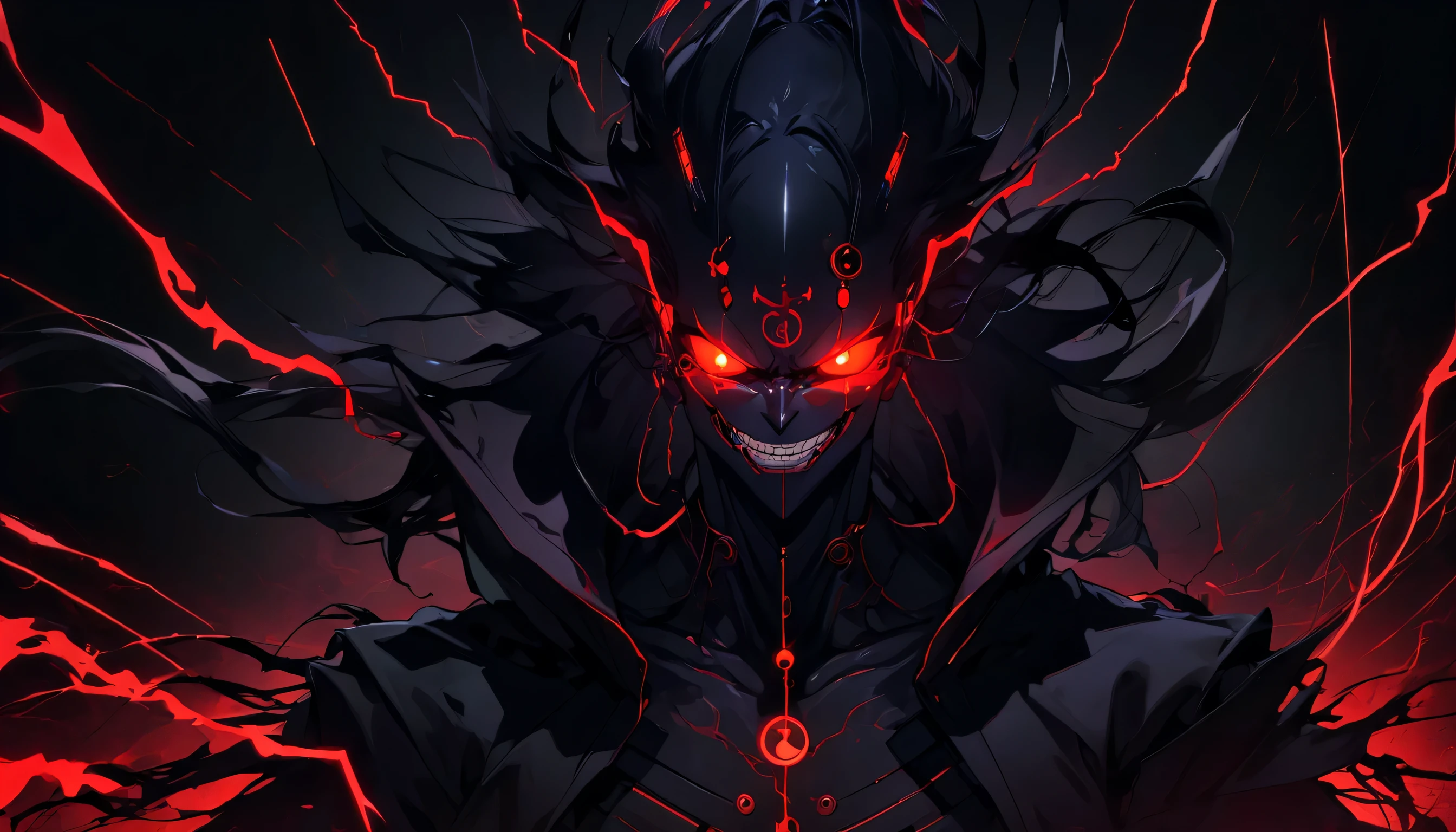 Anime man with a dark and brooding attitude, 光る赤い目とevil意のある笑みを浮かべて, Visible electric current flows through the body、hack powerful computer systems, As eerie shadows surround him、、, (evil:1.2), (dark and moody lighting), (eerie atmosphere), (contrast of light and darkness)