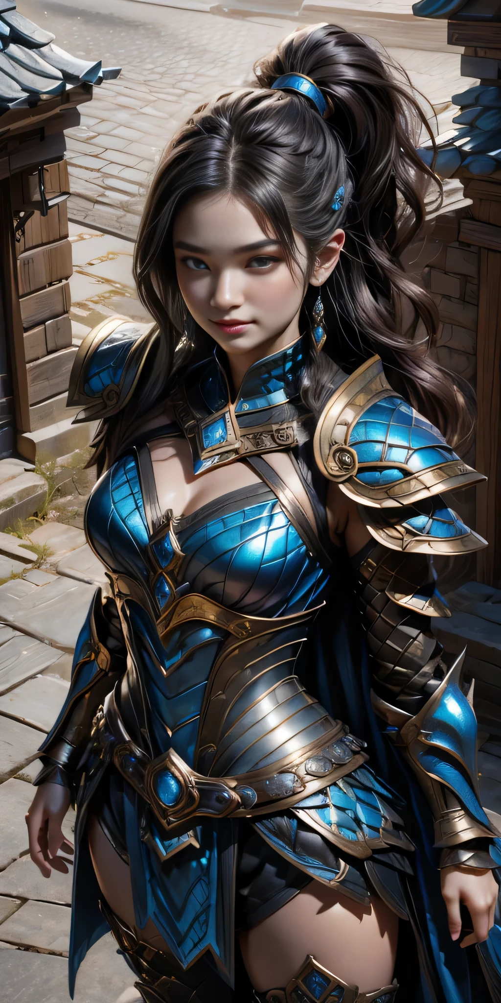 (master piece, top quality, High resolution), (hyper realistic:1.2)、detailed face、beautiful expression、shy smile、 (((women&#39;s armor))), (((Armor Dress Set))), (she has long black hair, cowboy shot、thin waist、navel、between legs、 bewitching、sexy mature woman、sexy、(random pose)、(change pose)、(dynamic angle)、 top view、urban ruins、 background details、 (((whole body)), From above, solo、