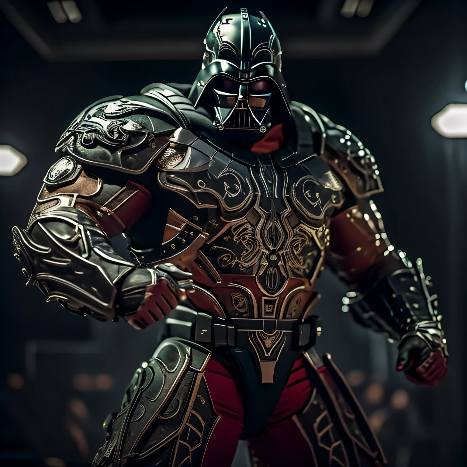 (extremely detailed CG unity 8k wallpaper, masterpiece, best quality, ultra-detailed), (best illumination, best shadow, an extremely delicate and beautiful), a big muscular bodybuilder with the mask of Darth Vader, fierce and strong pose, (dramatic lighting: 1.3), under the spotlight, fast and dynamic movement, close-up angle, strong expression.