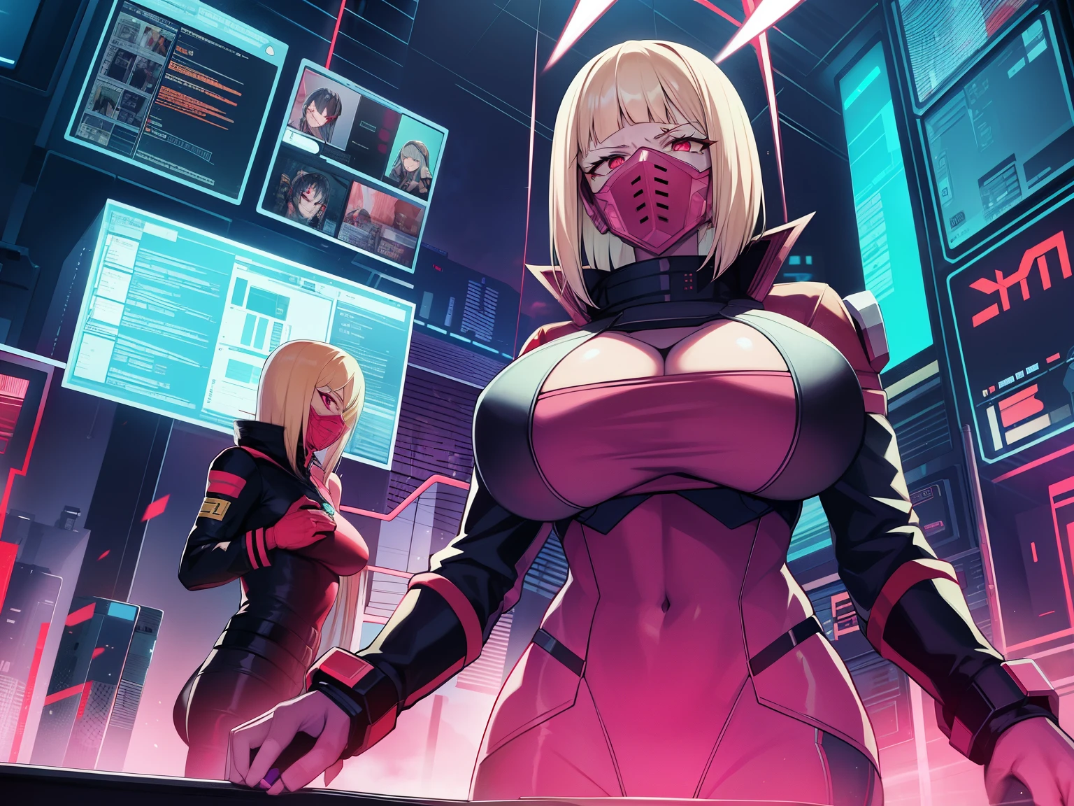 
cyber punk: Edge Runners、Cyber hacking、Hack the cyborg&#39;s computer、Hacking attack that burns the brain with overvoltage。kiwi、blonde、red eyes、big tits milf、big tits milf、big tits milf、One of the edge runners working as a mercenary in Night City.。Veteran netrunner with advanced hacking skills、（（（Replace the mouth with cyberware like an iron mask、Red suit with almost no exposure）））+++、（（（Tattoos in the shape of spider webs all over the body）））+++、