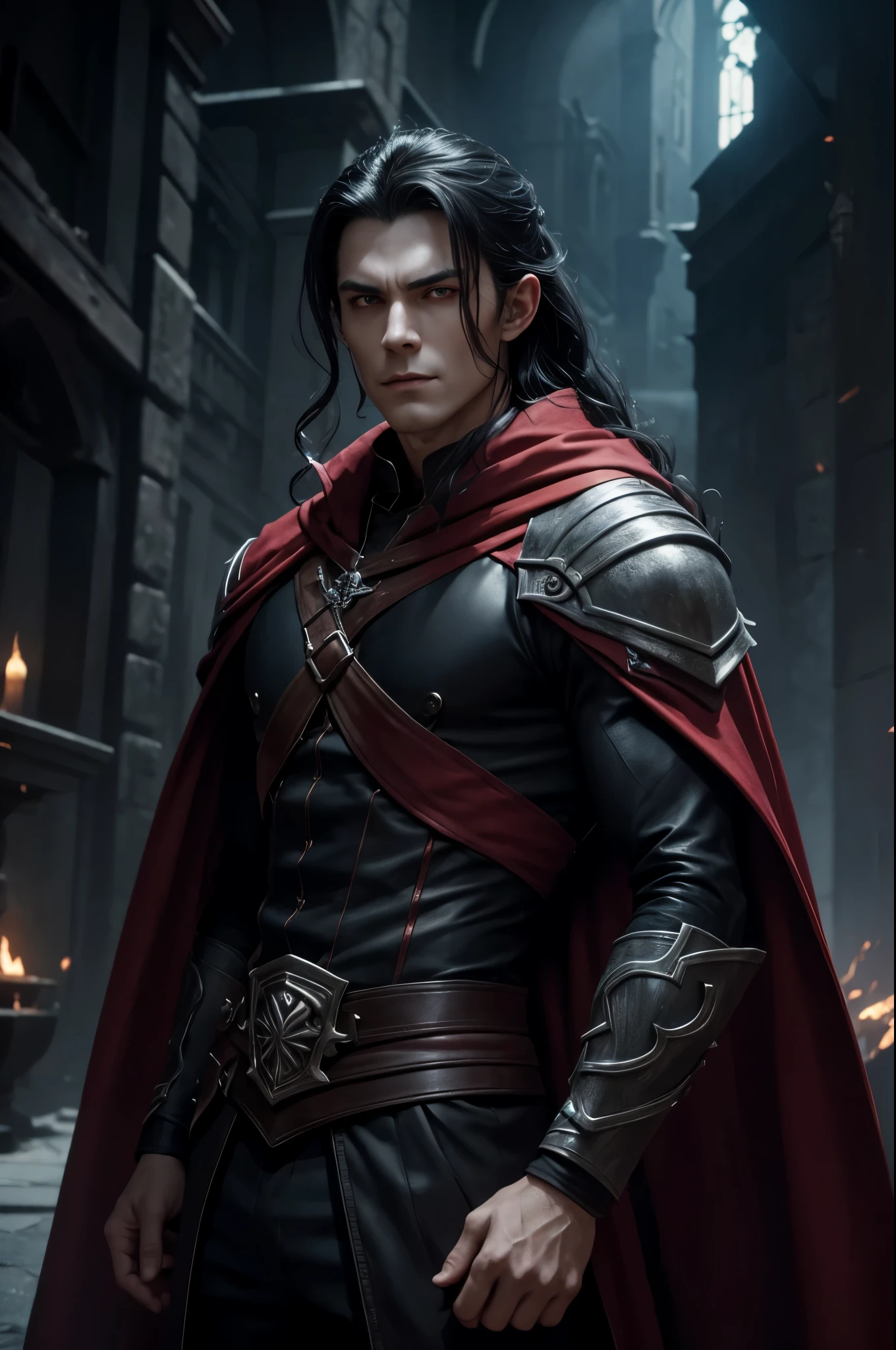 8K,vampire of the underworld,vampire demon slayer,super handsome(like the real thing),sharp red eyes(red glowing effect),pale skin(超realistic skin),vampire big fangs,pointed ears,gentleman costume,black cloak,lean muscular body,long white wavy hair,masterpiece,Photorealistic RAW photos of the highest quality。bright colors,rich colors, Backlight, cinematic lighting, film grain, to be born, 50MM lens, Nikon D850,realistic skin,fantasy art,character art,ultra high resolution,realistic scale skin,Perfect hand shape,view audience,dynamic action pose,