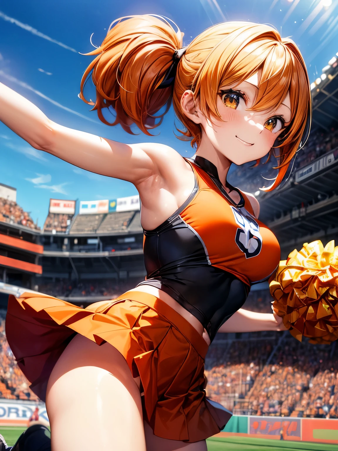 highest quality、complete limbs、A beautiful woman in her 20s、Beautiful older sister、cheerleader、(orange hair woman:1.3)、short hair woman、beautiful big breasted woman、big smile、(オレンジ色と黒色のcheerleaderコスチュームを着た女性:1.3)、A woman wearing a super miniskirt、orange pants、dancing、baseball Ground、ground、raising one leg high