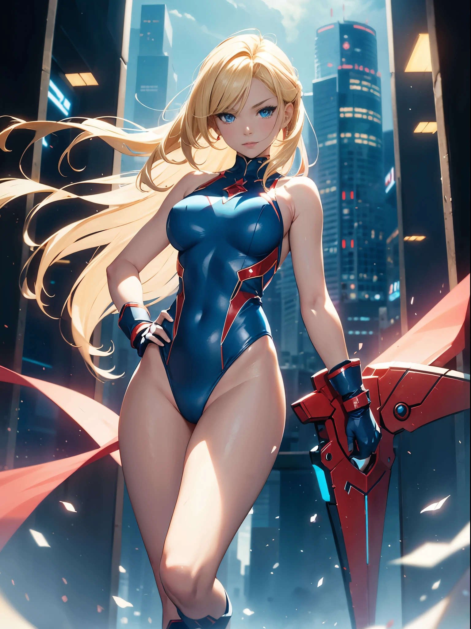 masterpiece, best quality, highres, 1girl, solo, superhero, (leotard, blue leotard with white accents, sleeveless), bare legs, boots, matching boots, gloves, bracelets, matching gloves, looking at viewer, city backdrop, perfect hands, perfect eyes, perfect leotard, perfect legs, perfect arms, perfect fingers, ((red diamond crest on chest)), (blonde hair, blue eyes, medium breasts, long hair), ahoge, standing straight, hands on hip, full body shot, heroic, (blue glow)