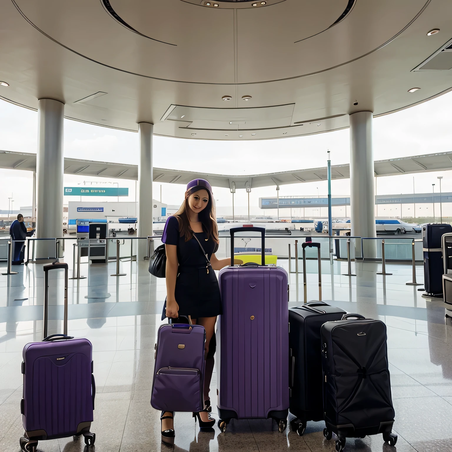 a image of lavender luggage at the airport. only show a woman’s hand holding the handle of the luggage. Behind her is a sign that says terminal 1
 