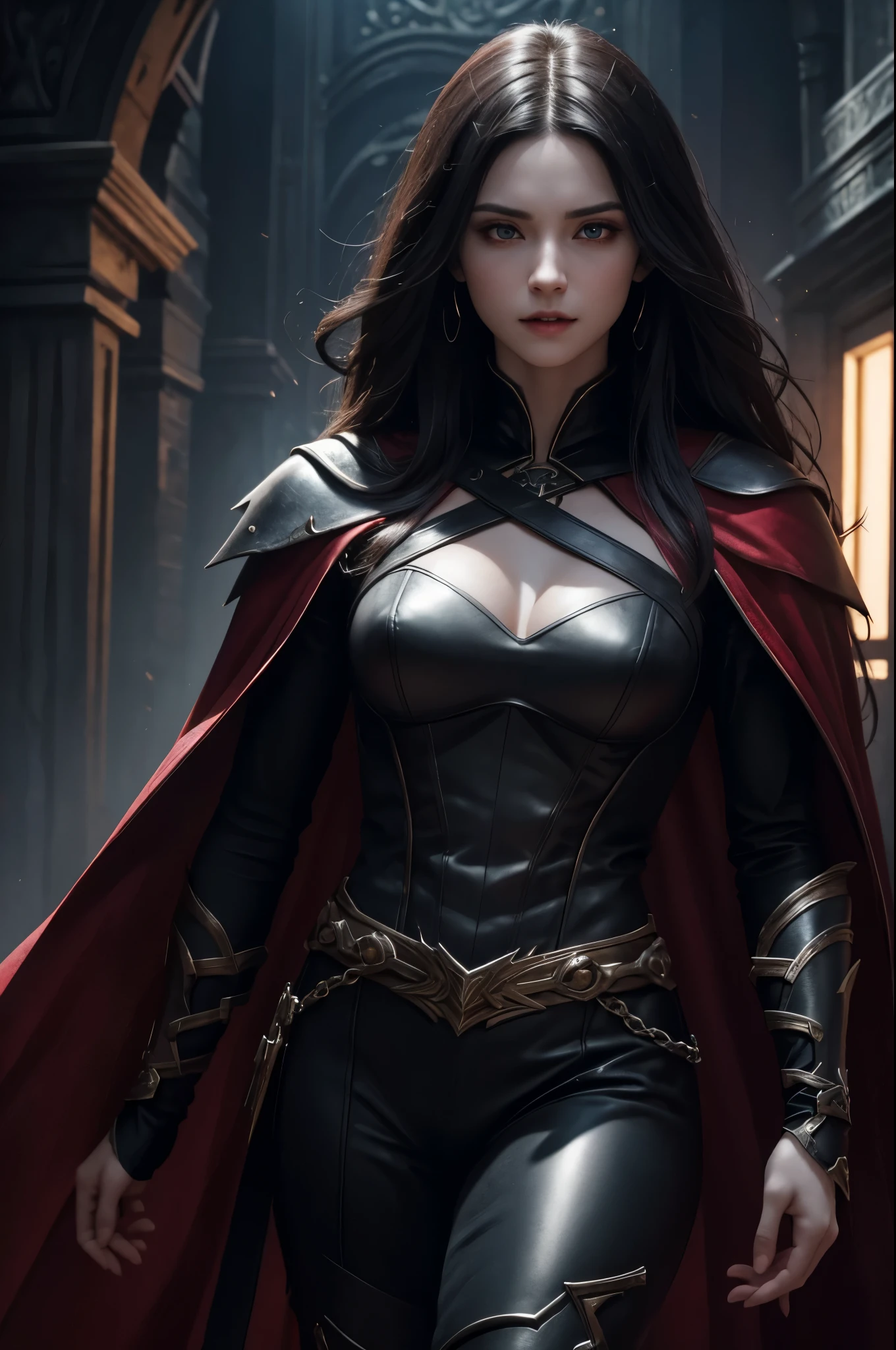 8K,vampire woman in the underworld,vampire demon slayer woman,Super beautiful(like the real thing),sharp red eyes(red glowing effect),pale skin(超realistic skin),vampire big fangs,pointed ears,sexyな衣装,black cloak,lean muscular body,long white wavy hair,masterpiece,Photorealistic RAW photos of the highest quality。bright colors,rich colors, Backlight, cinematic lighting, film grain, to be born, 50MM lens, Nikon D850,realistic skin,fantasy art,character art,ultra high resolution,realistic scale skin,Perfect hand shape,view audience,dynamic action pose,fighting pose,sexy,