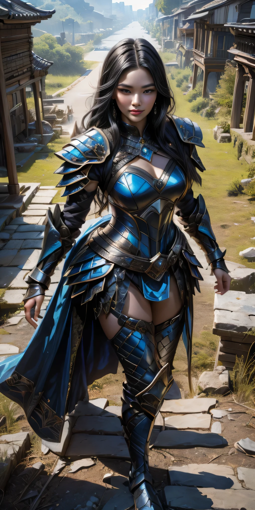 (master piece, top quality, High resolution), (hyper realistic:1.2)、detailed face、beautiful expression、shy smile、 (((women&#39;s armor))), (((Armor Dress Set))), (she has long black hair, cowboy shot、thin waist、navel、between legs、 bewitching、sexy mature woman、sexy、(random pose)、(change pose)、(dynamic angle)、 top view、urban ruins、 background details、 (((whole body)), From above, solo、