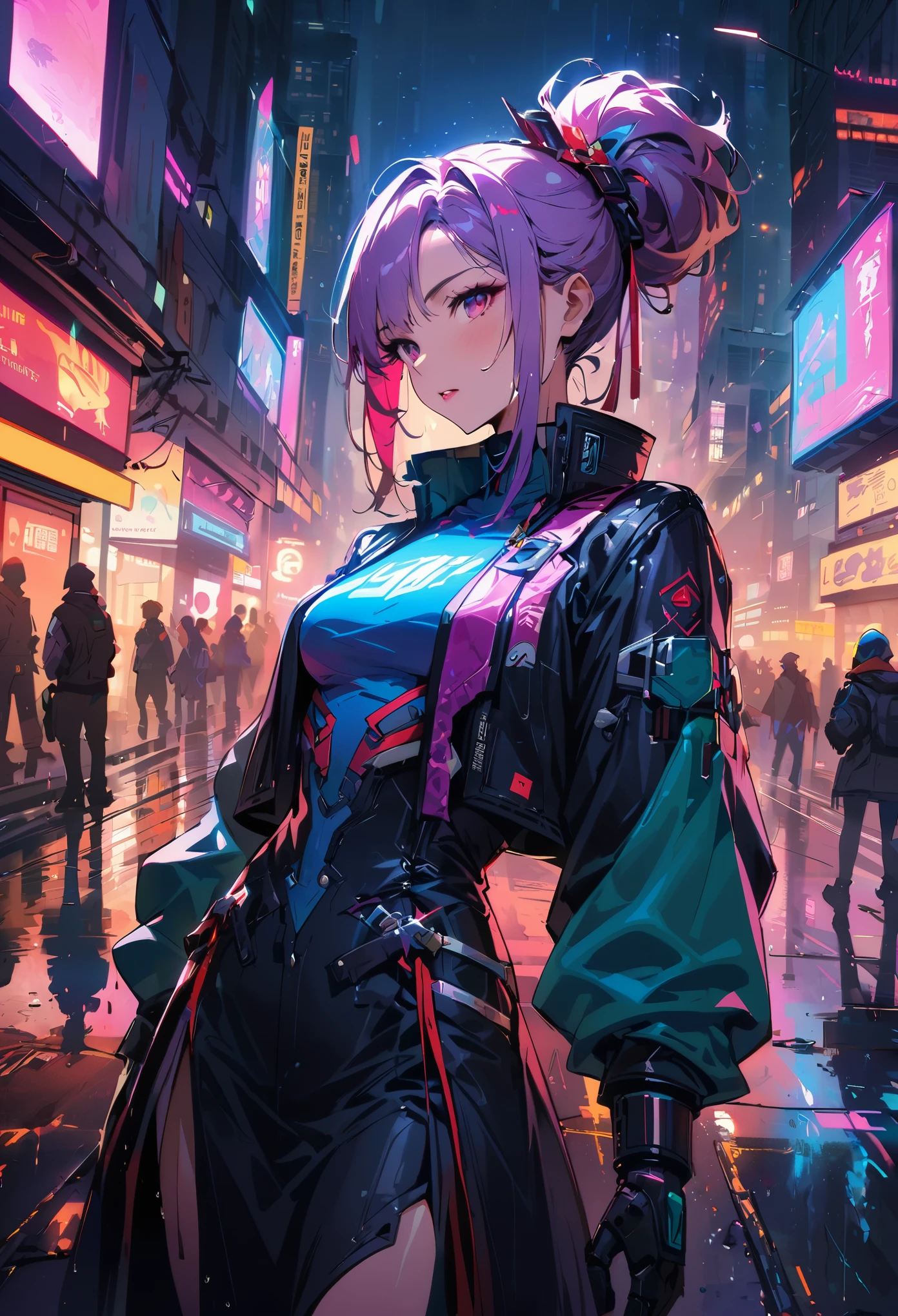 (best quality), (Ultra-fine), (masterpiece), illustration, 一个女孩China costume賽博朋克, （cyberpunk，China costume，cybernetic implants），hair accessories, Vibrant colors，dynamic lighting，neon lights，glowing city skyline，Holographic projection，Fashionable clothing of the future，A mix of traditional and modern elements，Avant-garde makeup，Exquisite hairstyle，Confidence and determination，city environment，heavy rain，reflection on wet road，metal texture，Mechanical armor, Gorgeous accessories，High-tech gadgets，Impressive cybernetic enhancements，clear focus，gnarly details, Overclocked rendering, Cinematic edge light, fine light, masterpiece, Super details, epic work, ultra high definition, high quality, 32k