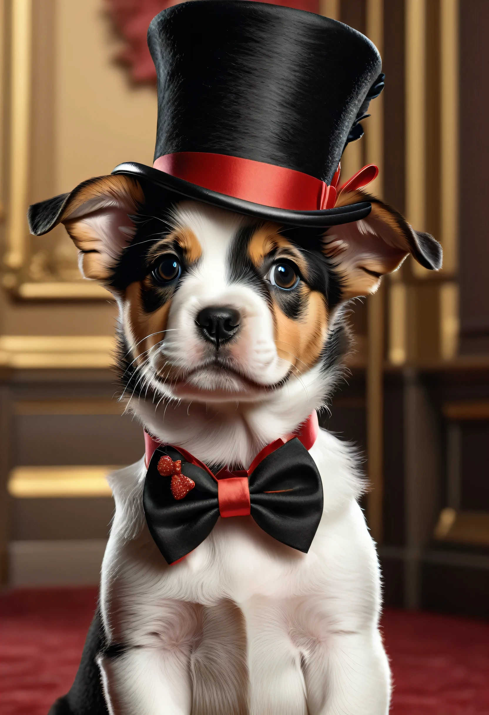 (melhor alta qualidade:1.2), 8k, extremamente detalhado, (Alto detalhe:1.2), Puppy with top hat and bow around its neck,