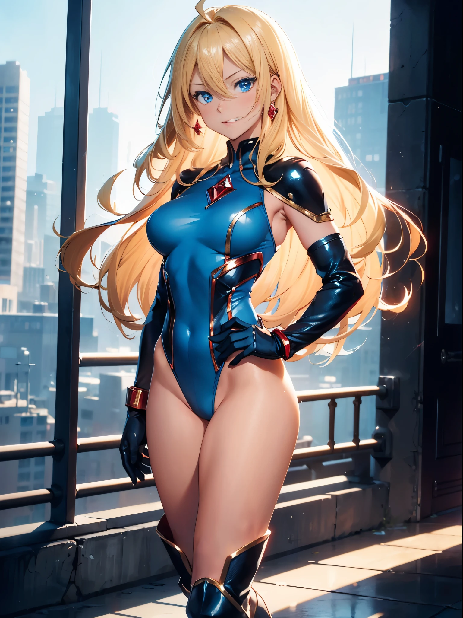 masterpiece, best quality, highres, 1girl, solo, superhero, (leotard, blue leotard with white accents, sleeveless, bare legs, boots, matching boots, ankle boots, gloves, bracelets, matching gloves), looking at viewer, city backdrop, perfect hands, perfect eyes, perfect leotard, perfect legs, perfect arms, perfect fingers, ((red diamond crest on chest)), (blonde hair, blue eyes, medium breasts, long hair), ahoge, standing straight, hands on hip, full body shot, heroic, (blue glow)