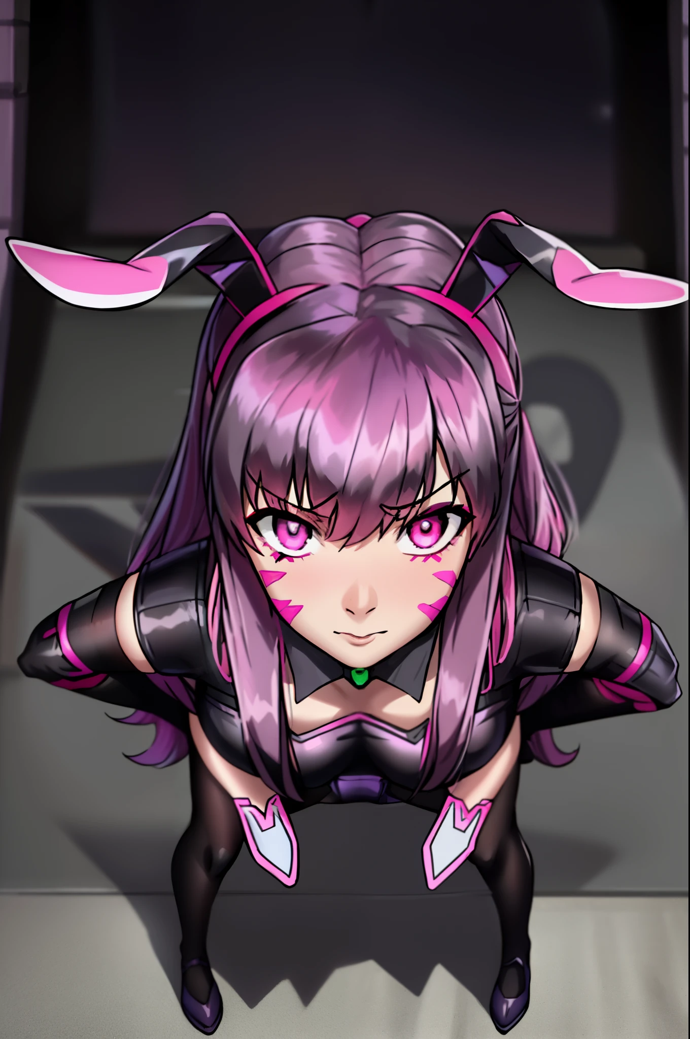 Deeva \(overwatch 1 version\), d.va /(overwatch 1/), (black playboy_bunny:1.31), 1girl, long hair, solo, pink hair, purple eyes, face marking, standing, disgust, arms crossed, from below,  pantyhose, Yuno gasai, neko