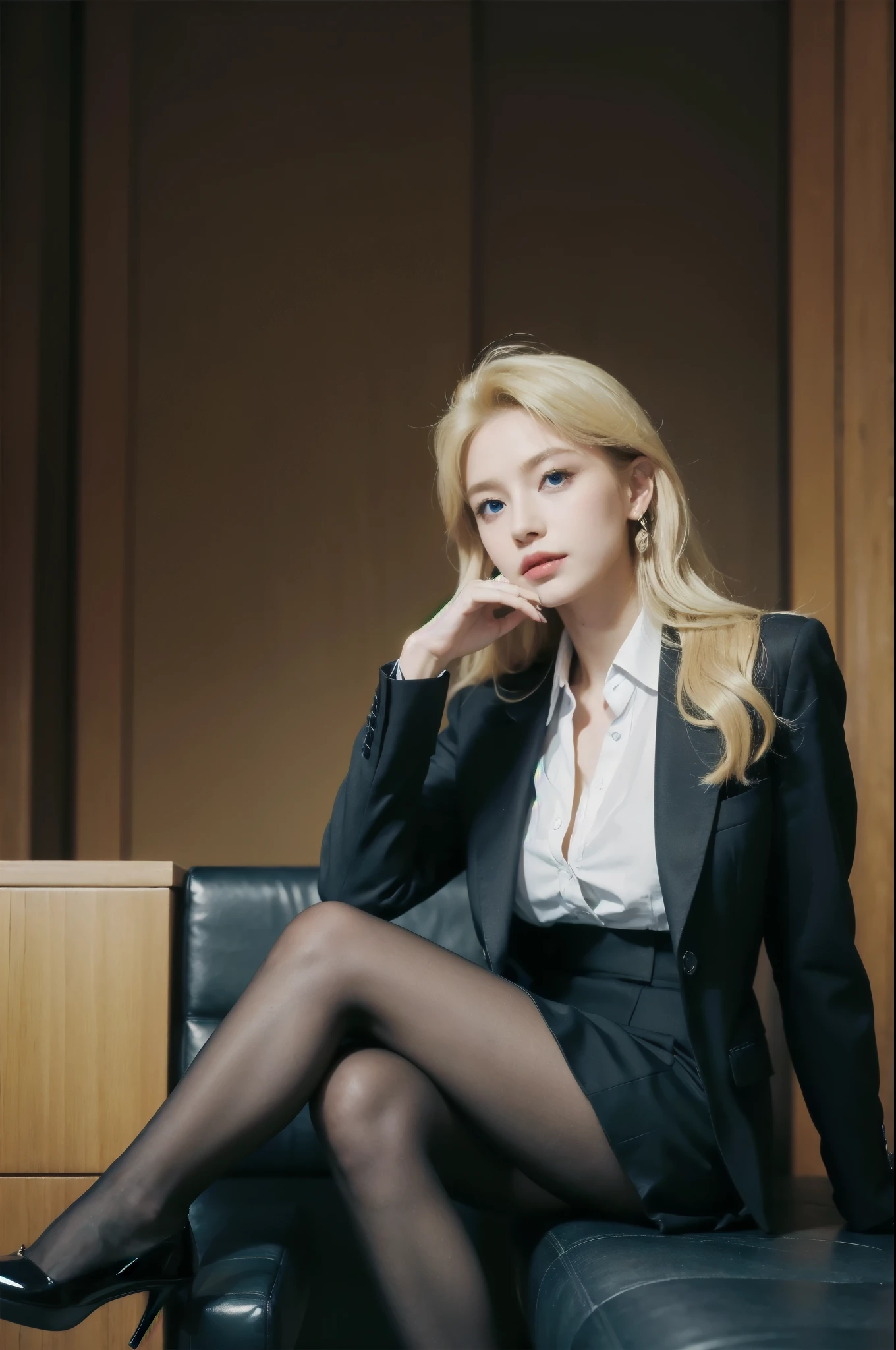 (Masterpiece), ((Best quality)), (Masterpiece,Best quality,offcial art,Extremely detailed Cg Unity 8K wallpaper), , Beauty photo, A lady,solo,Elegant upper-class elite secretary in a business shirt,Perfect look, ((blond hair:1.4)), (waved hair), ((blue eyes)), earrings, Double eyelid eyes,Delicate makeup, working in an office,wearing a strict business suit, Wear pantyhose,Wear high-end heels,Girl in shirt, dressed in a suit, huge tit,full bodyesbian,dressed in a black suit, dressed in a black suit, merchant, Business clothes, wearing black suits, Wear a shirt and skirt, Woman in a suit, Business attire, sitting,Seated, ((Legs crossed)), Erlang legs,high-heels,view the viewer,brightly,Complicated details,foot focus,from below,