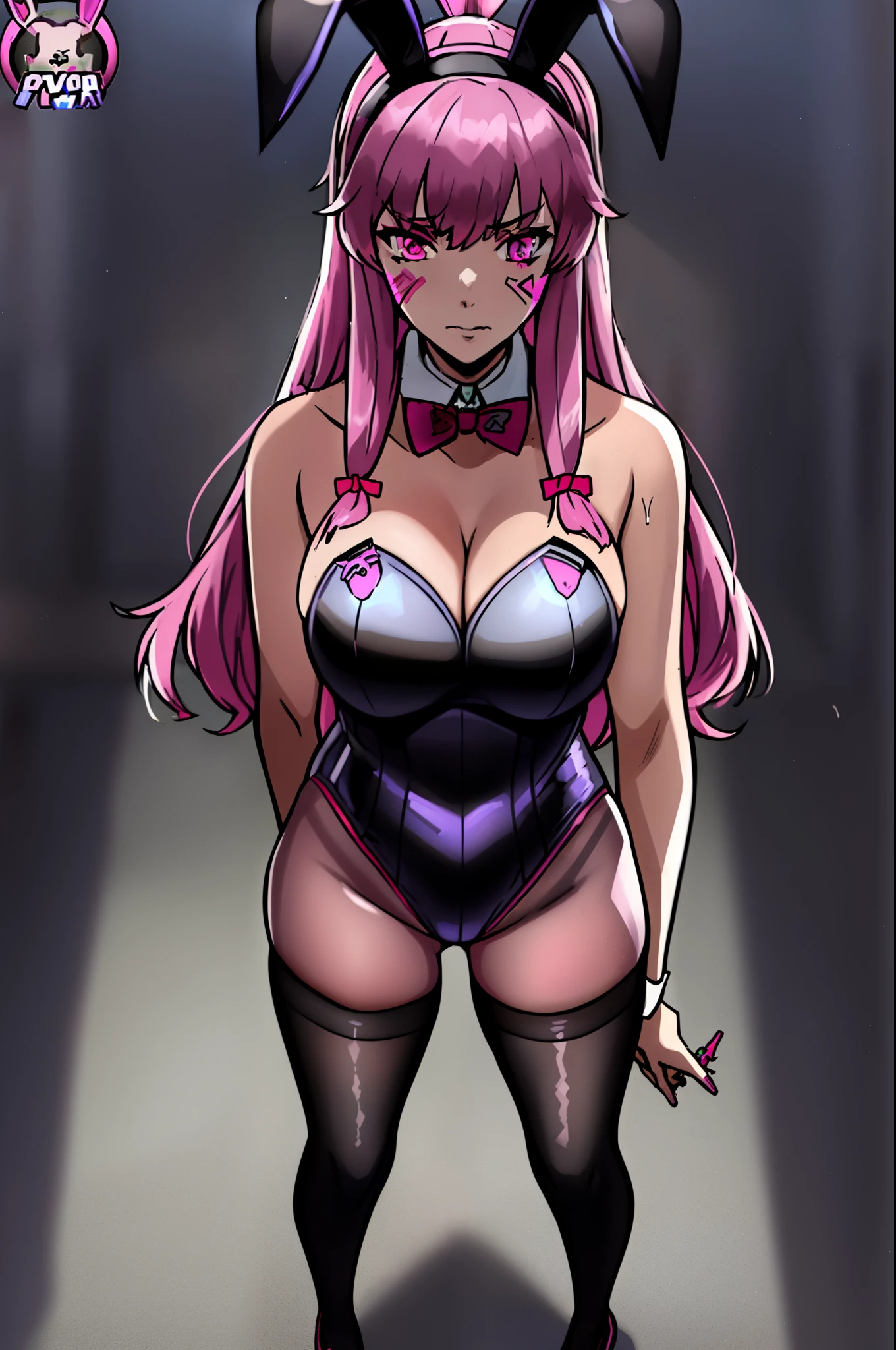 Deeva \(overwatch 1 version\), d.va /(overwatch 1/), (black playboy_bunny:1.31), 1girl, long hair, solo, pink hair, purple eyes, face marking, standing, disgust, arms crossed, from below,  pantyhose, Yuno gasai, neko