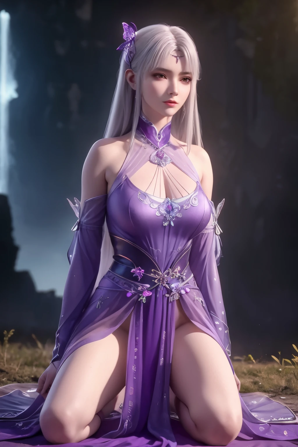 realistic, photorealistic, Masterpiece, absurdres, fine detail, HDR, detailed hand anatomy, highly detailed face and eyes, (8k, best quality, masterpiece:1.2), ultra-detailed, extremely detailed cg 8k wallpaper,fashion,(crystalstexture skin:1.2),(extremely delicate and beautiful),(masterpiece, best quality:1.2),1girl, solo, narrow waist, wide hips, (large breasts:1.2),long hair, (looking at viewer:1.2), natural lighting, fantasy, dreamlike, unreal, science fiction, detail, delicate pattern, charming, alluring, enchanting, hair ornament, fairydoctor, full body, dream, purple butterflies, glowing butterflies, sexy pose, night, (neon butterflies:1.1), purple neon butterflies